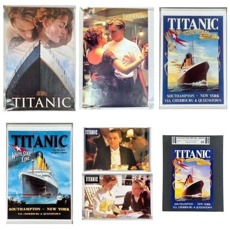 Titanic Movie Posters & Titanic Sign: This lot features a collection of eight items themed around the 1997 blockbuster film "Titanic" and historical memorabilia related to the iconic ship. The items include: Large Titanic Movie Poster fea