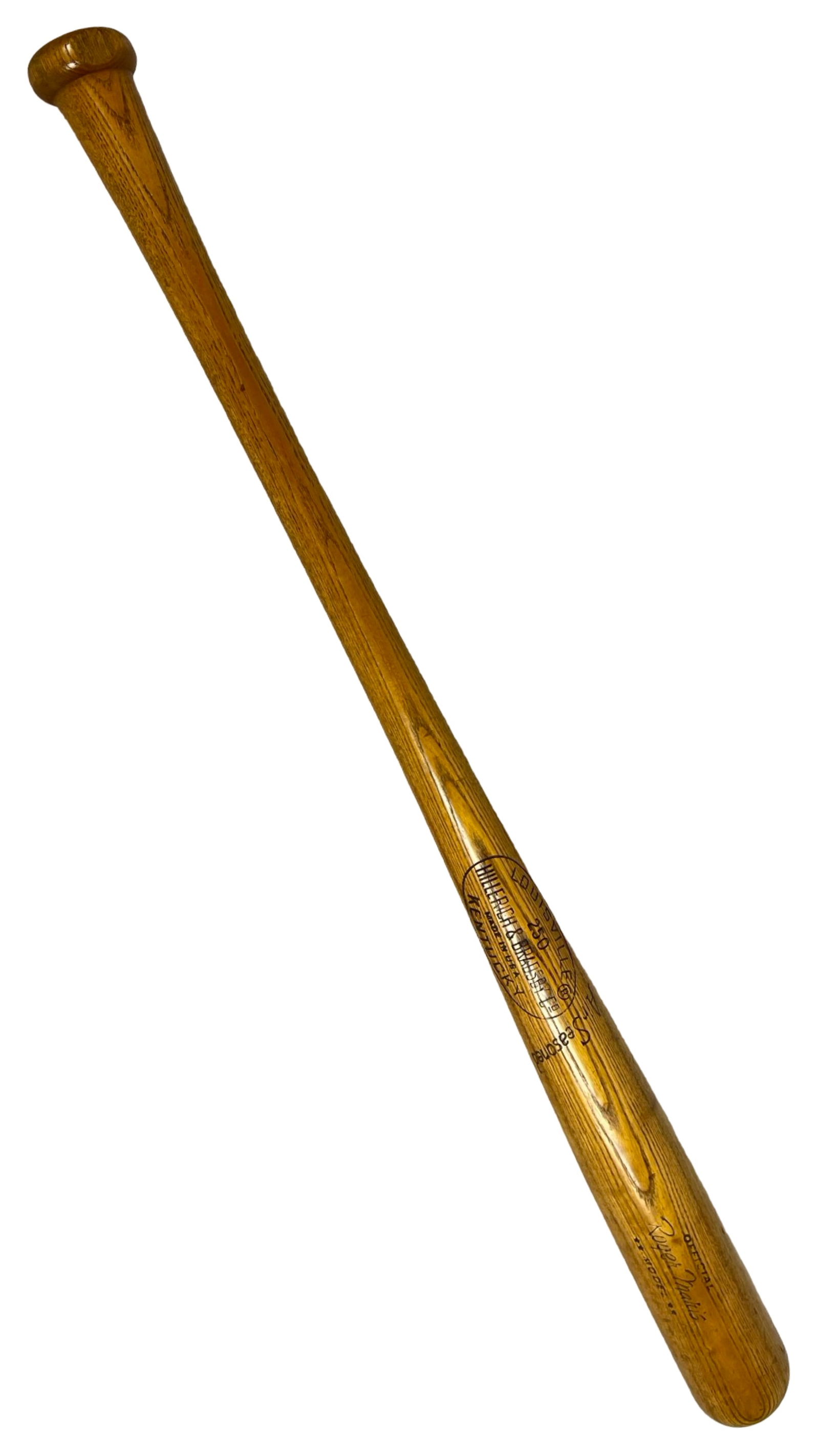 50s Roger Maris H&B Louisville Slugger Model Bat: Stunning example of mid-20th-century baseball memorabilia, this H&B Louisville Slugger 250 bat features the official Roger Maris model marking. Made from air-seasoned wood, it represents the high-qual