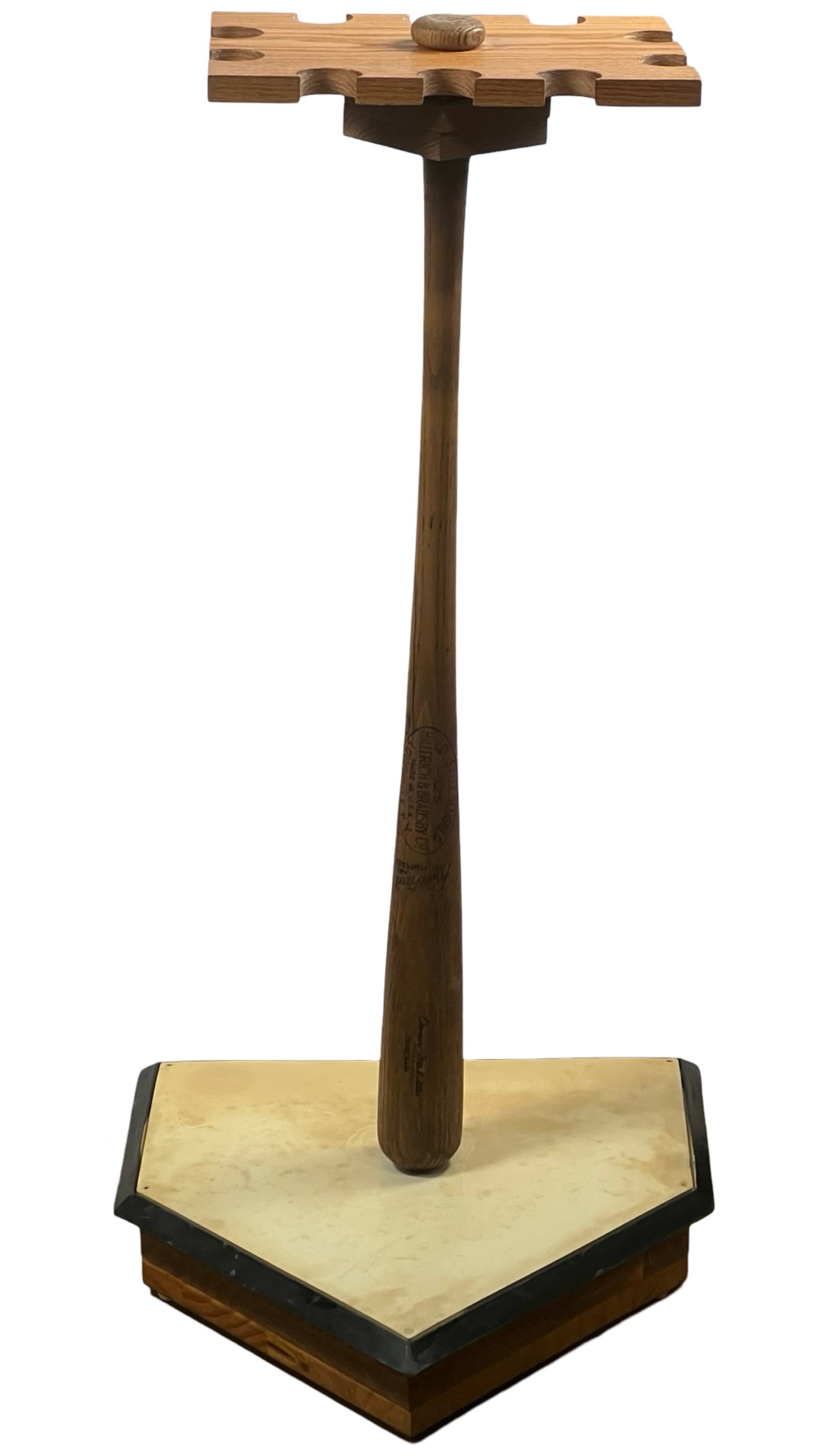 Custom made Louisville collectors bat stand: This unique baseball bat display stand is expertly crafted using a vintage Louisville Slugger Model 125 bat as the central post. Featuring the iconic Hillerich & Bradsby Co. branding and "Powerized" l