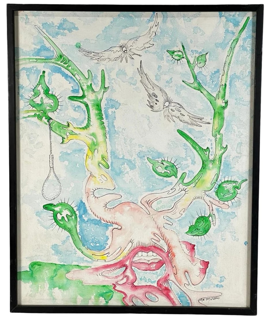 Lee Martin "Surrealistic Death" Painting: A thought-provoking surrealist painting by Lee Martin, titled "Surrealistic Death." This work features vivid watercolor and ink on canvas, blending dreamlike imagery with bold, abstract forms. The com