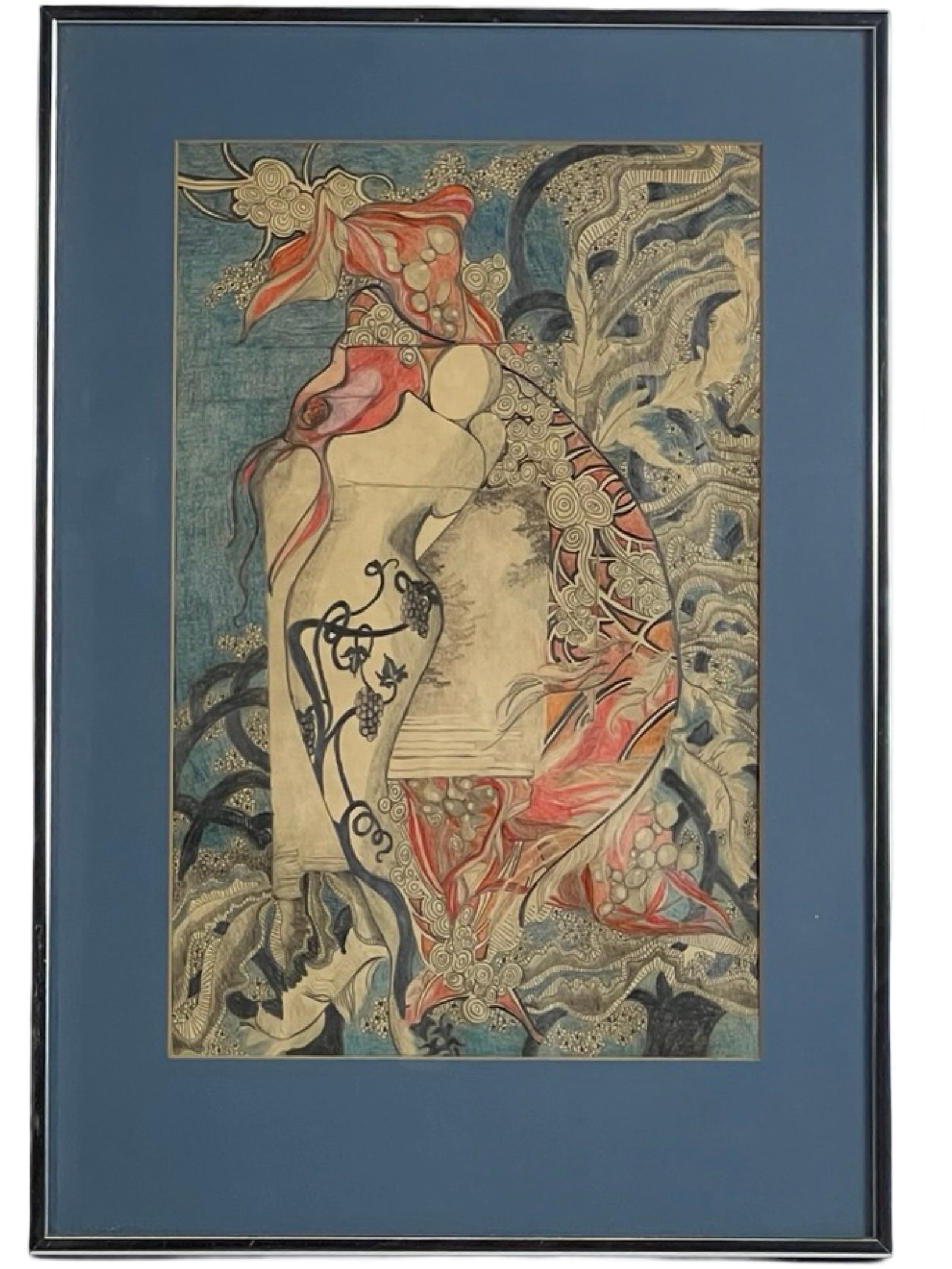 Mid 20th Century Abstract Color Pencil Drawing: Framed abstract color pencil drawing from the mid-20th century. This vibrant and intricately detailed artwork captures a harmonious blend of organic shapes and flowing patterns in a lively color palet