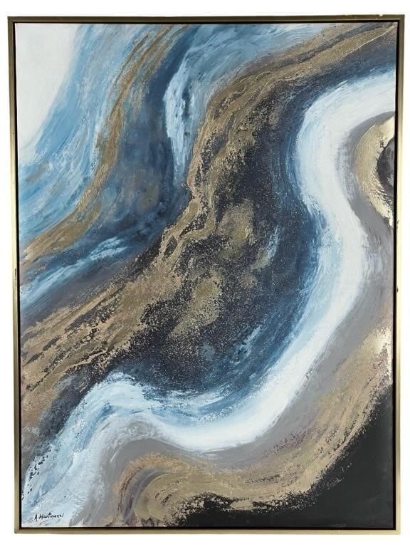 A. Martinazzi- Dynamic Abstract Acrylic Painting: This captivating acrylic painting on canvas by A. Martinazzi features a dynamic abstract composition characterized by swirling forms and a rich interplay of colors. The artist has expertly used a pale