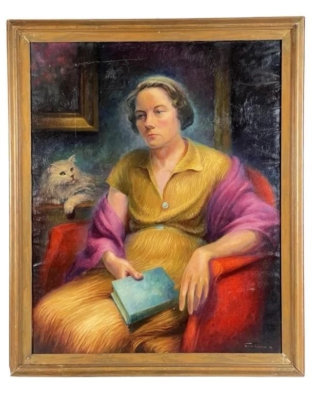 Robert Addison - Portrait of Artist's Mother w Cat: This oil on canvas depicts Robert Addison's mother, seated in a colorful chair with a book in hand. A fluffy white cat is seen in the background, calmly watching the scene. The piece is signed and dat
