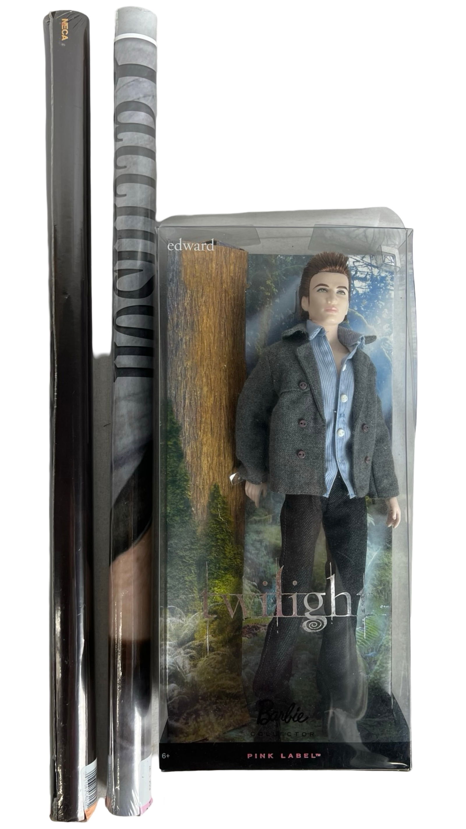 Twilight Barbie Edward Doll & 2 Sealed Posters: This set includes a Twilight Barbie Edward doll from the Pink Label collection, beautifully boxed and perfect for collectors or fans of the saga. Also included are two sealed posters: one from "New Mo