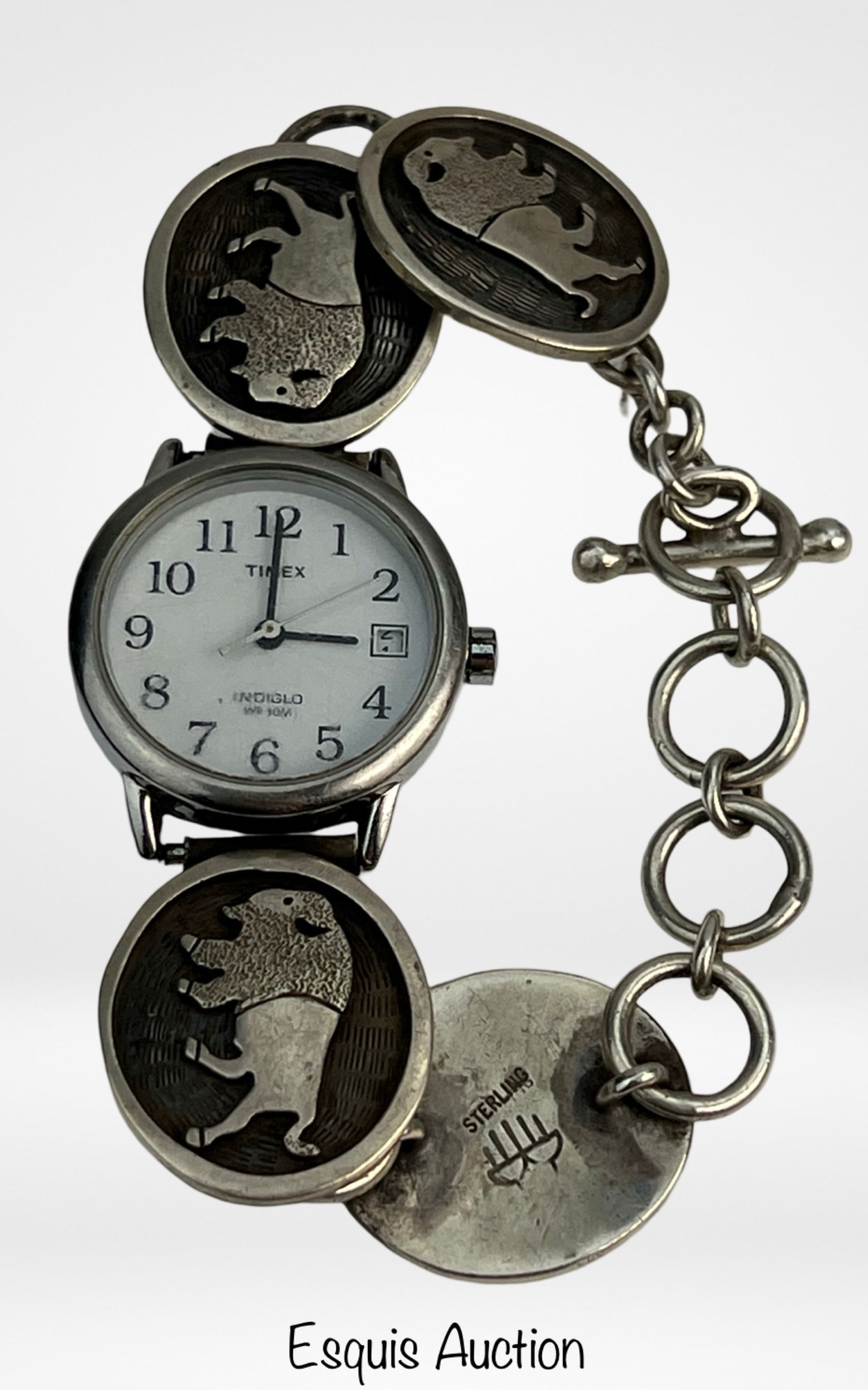 Lady's Wrist Watch w Sterling Native American Band: Lady's Timex Wrist Watch with Native American Sterling Silver Band in form of Buffalo Medallions.