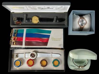 Vintage Lady's Watches in Original Boxes- Dufonte: Group of Vintage Lady's Wrist Watches in original boxes including Dufonte by Lucien Piccard, Lucerne, Scagen and Timex. Normal age-related wear, untested.