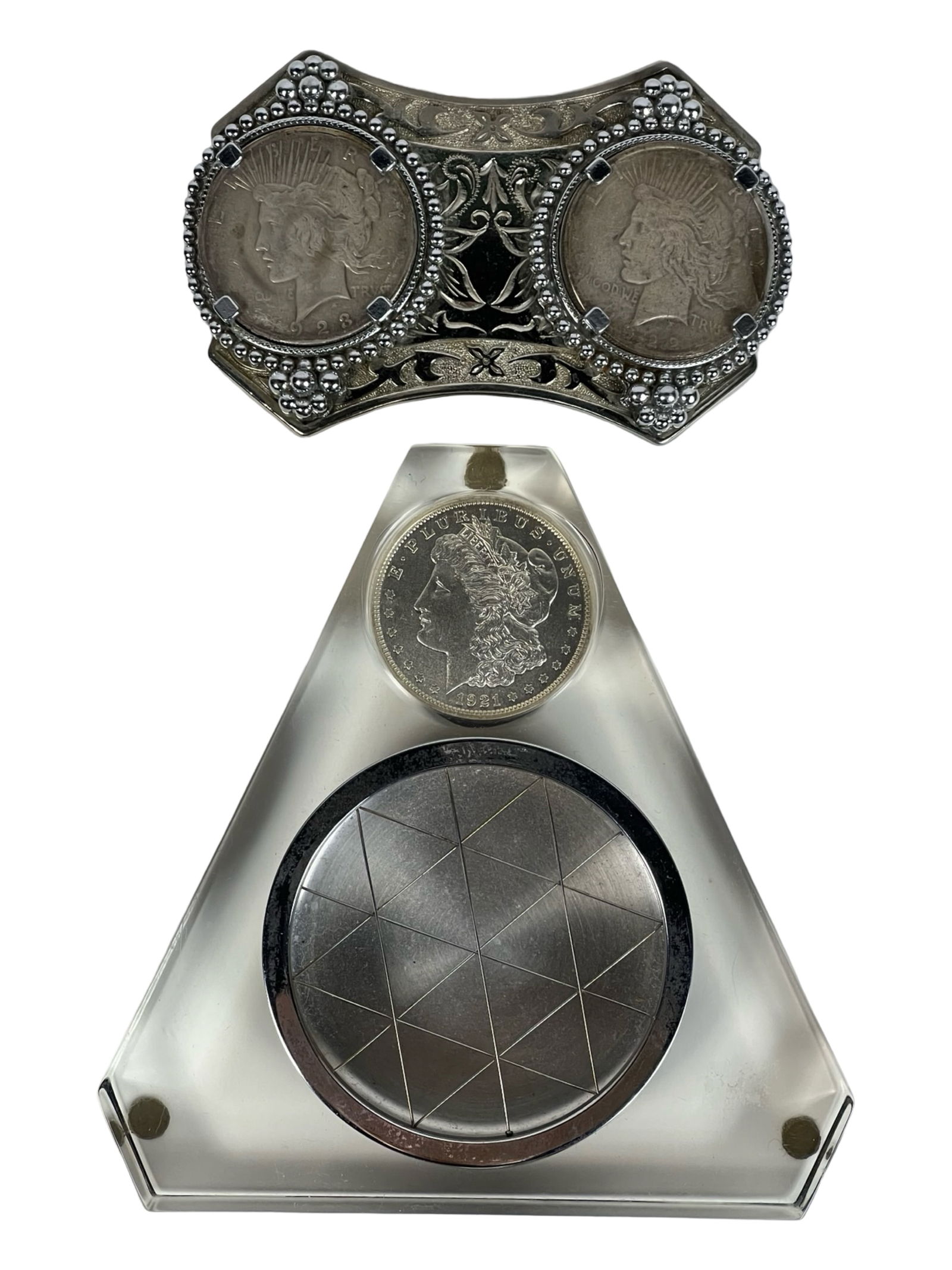 US Morgan & Peace Silver Dollars Belt Buckle & Ash (1 of 3)