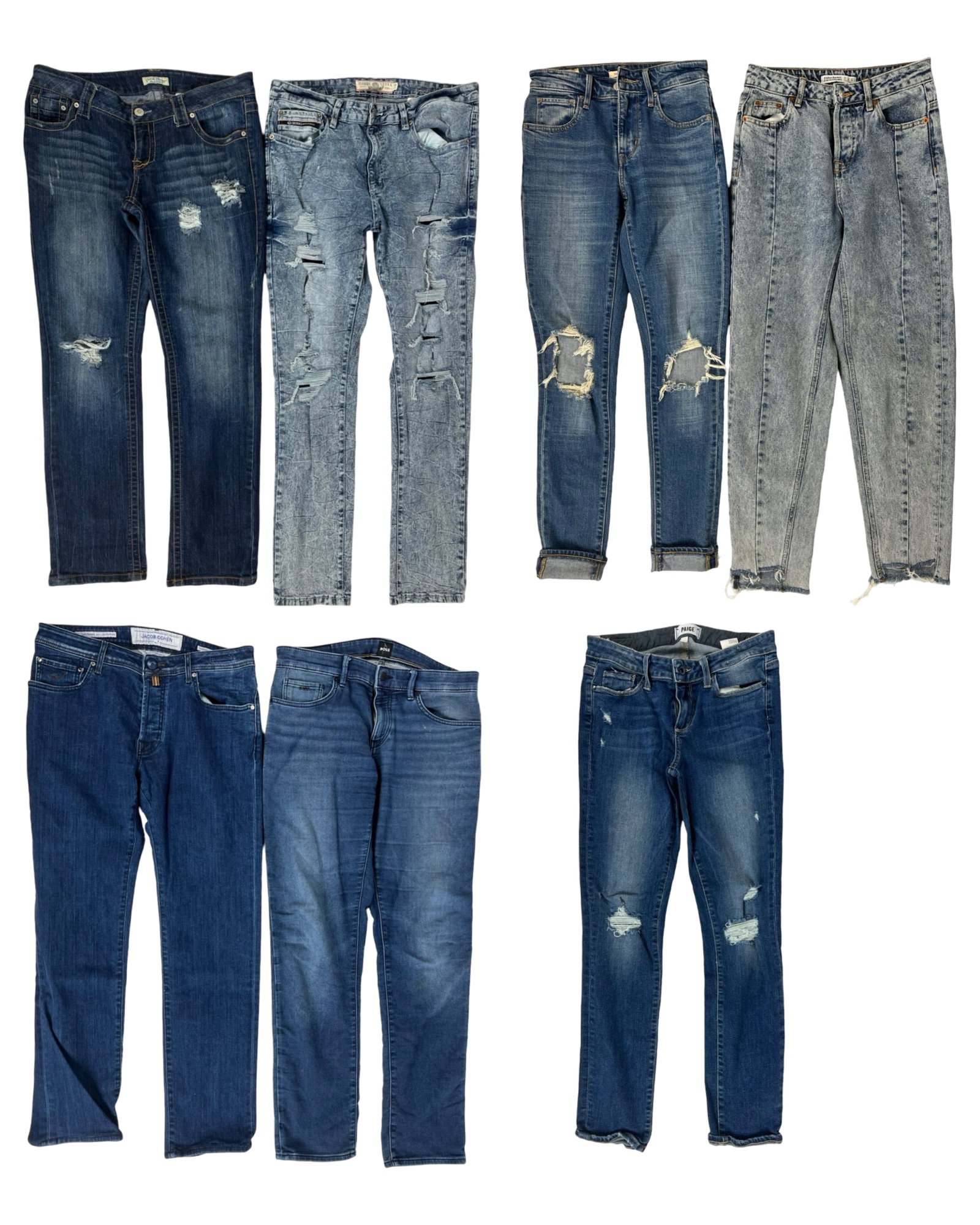Lady's Designer Jeans- Jacob Cohen, Boss, Paris Bl: This lot features an assortment of ladies' designer jeans including Jacob Cohen (Size 34), Boss (33/32), Zara (02), Jeanius Level (34x32), Paris Blues (size 13), Paige (size 27), Levis (Size 24). All 