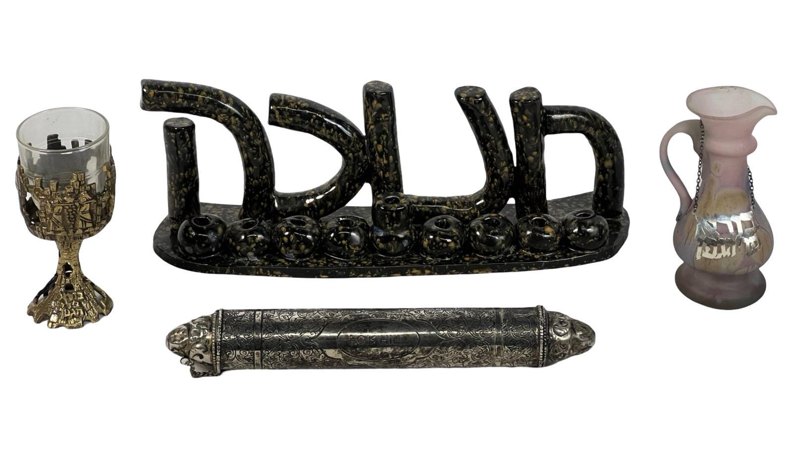 Judaica Lot: Kiddush Cup, Mezuzah Case, Hanukkiah: Lot of Judaica Items: Includes a Jerusalem-inspired Kiddush cup, a Lois Hill etched Mezuzah case, a modern pottery Hanukkiah with gold accents, and a delicate pink glass jug with a sterling silver tag