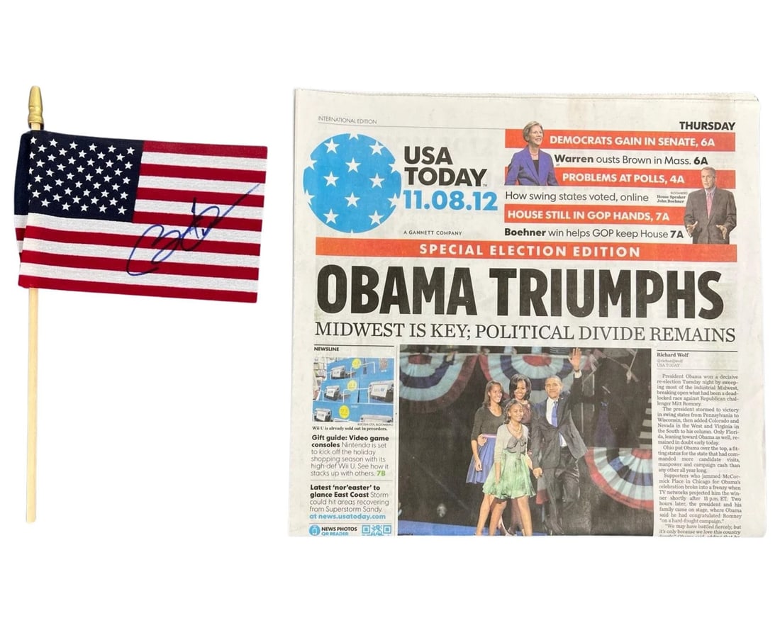 President Barack Obama Signed Mini US Flag: A mini US flag autographed by President Barack Obama, signed during the 2008 Democratic National Convention. This unique piece of political memorabilia commemorates a pivotal moment in American histor