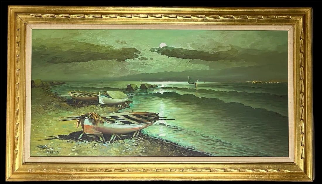 Agnes Torrielli - Coastal Nocturne Oil Painting: This expansive oil painting by Agnes Torrielli captures a serene coastal scene under the soft glow of moonlight. The composition features fishing boats gently resting on calm waters, with the shorelin