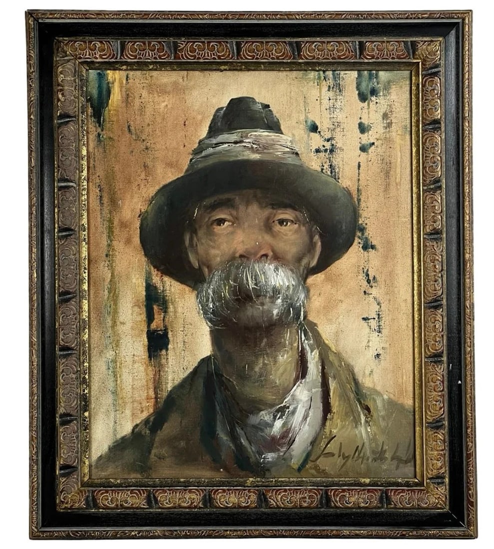 Mid Century Portrait of a Man Oil Painting: A captivating oil painting on canvas depicting a weathered man with a prominent mustache and a hat, rendered with expressive brushstrokes and rich earthy tones. The textured background enhances the em