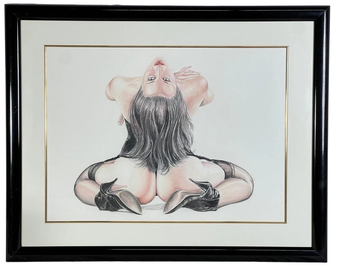 Sexy Pin-Up Girl Drawing attributed to Olivia: A striking and provocative original drawing attributed to renowned pin-up artist Olivia De Berardinis. This artwork features a sensual depiction of a reclining pin-up model in lingerie and high heels,
