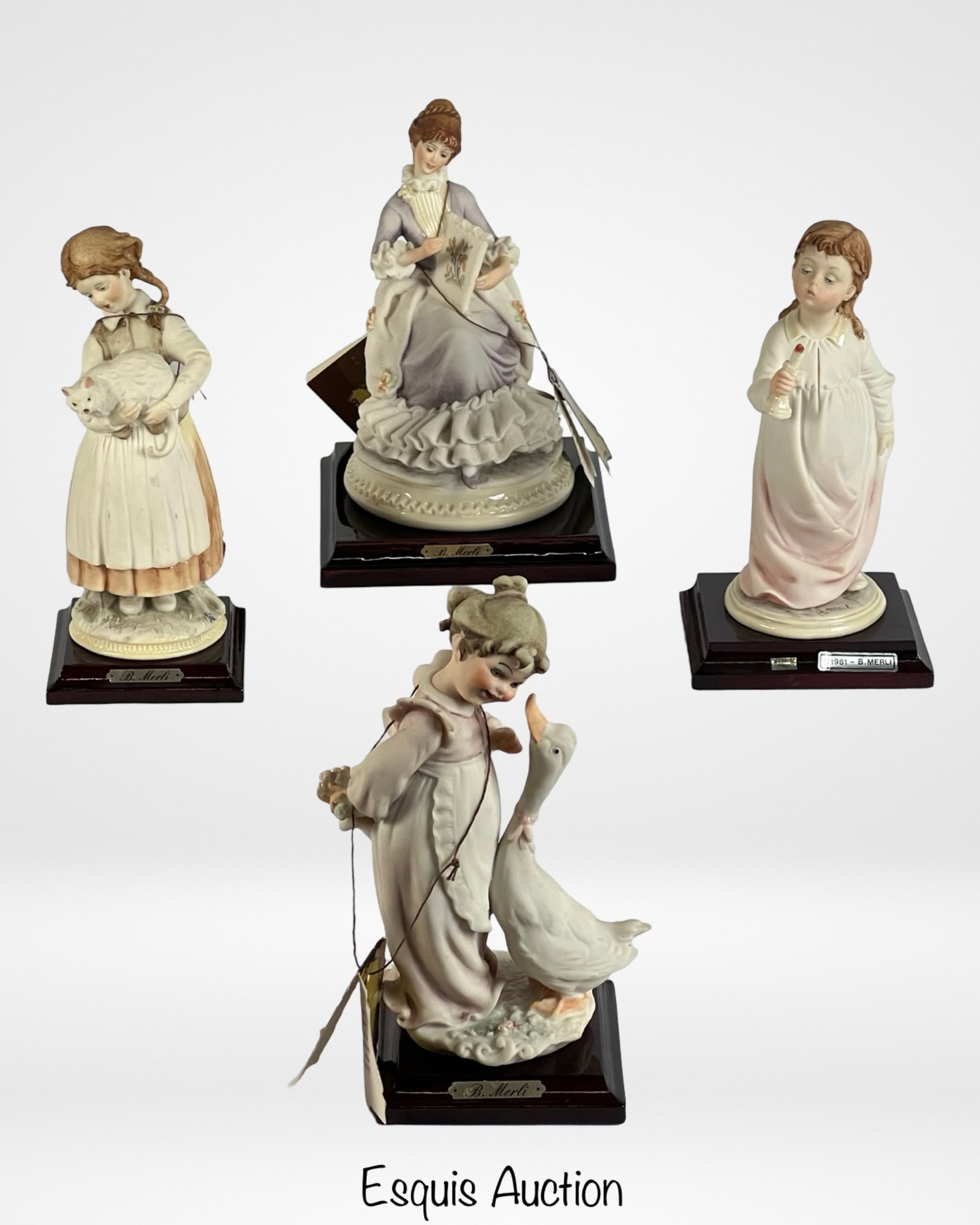 Bruno Merli Collection of Italian Figurines: A delightful collection of Bruno Merli Italian figurines, featuring: Girl with Cat on a wooden base, marked Naples Capodimonte, Italy. Elegant vintage lady figurine by Bruno Merli. Girl holding a cand