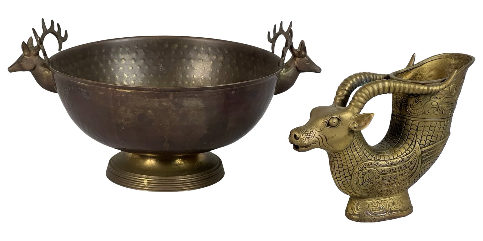 Chinese Brass Zun Vessel & Brass Bowl Deer Handles: A pair of elegant brass Vessels: Chinese Brass Zun Wine Vessel in the Form of a Sheep: Measuring approximately 10" x 7", this intricate piece features a detailed ram-shaped design adorned with traditi