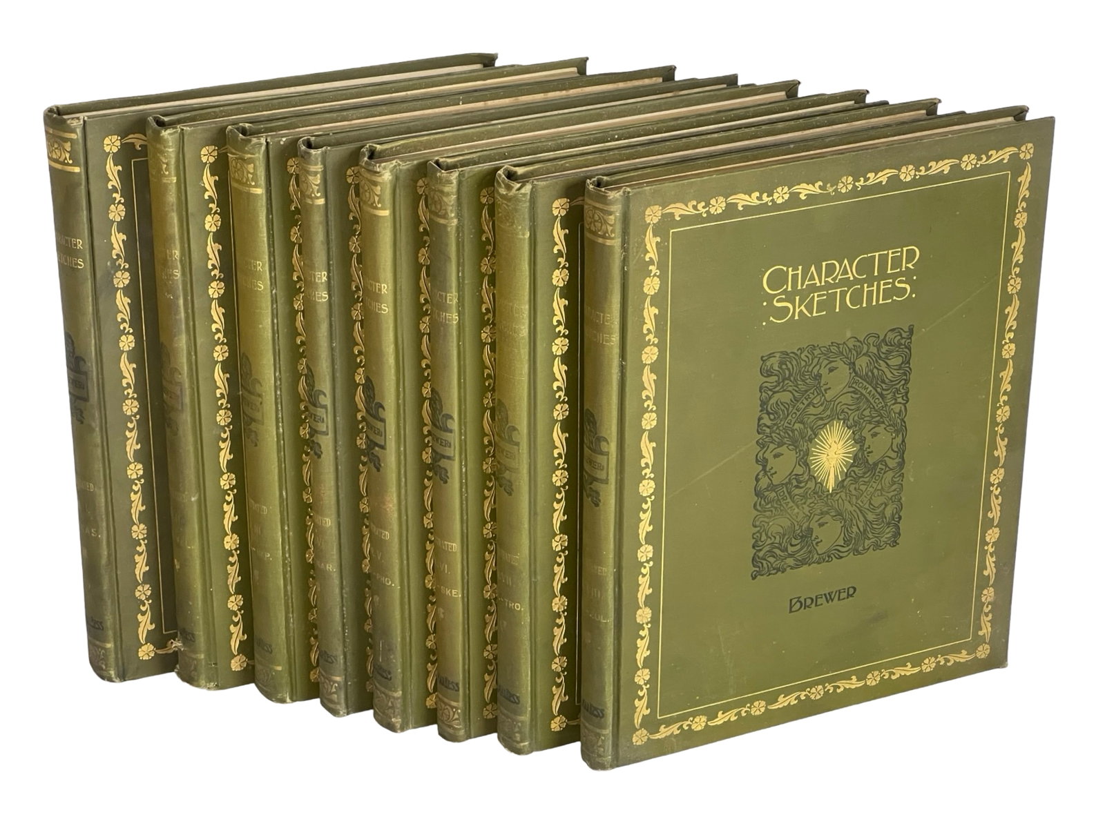 1902 Antique 8 Book Set- Character Sketches: This is an antique 8-volume set titled "Character Sketches of Romance, Fiction, and the Drama" by Rev. E. Cobham Brewer, published in 1902 by Selmar Hess. This revised American edition of the Reader's