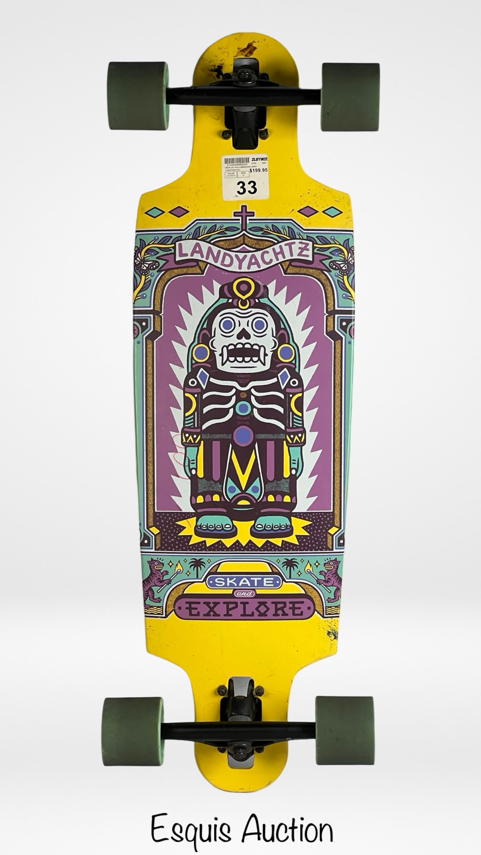 Landyachtz Drop Cat 33" Longboard- Aztec Artwork: This Landyachtz Drop Cat 33" longboard features a dynamic and vibrant graphic design inspired by Aztec-style artwork, including a colorful skeleton figure with bold purple, yellow, and turquoise accen
