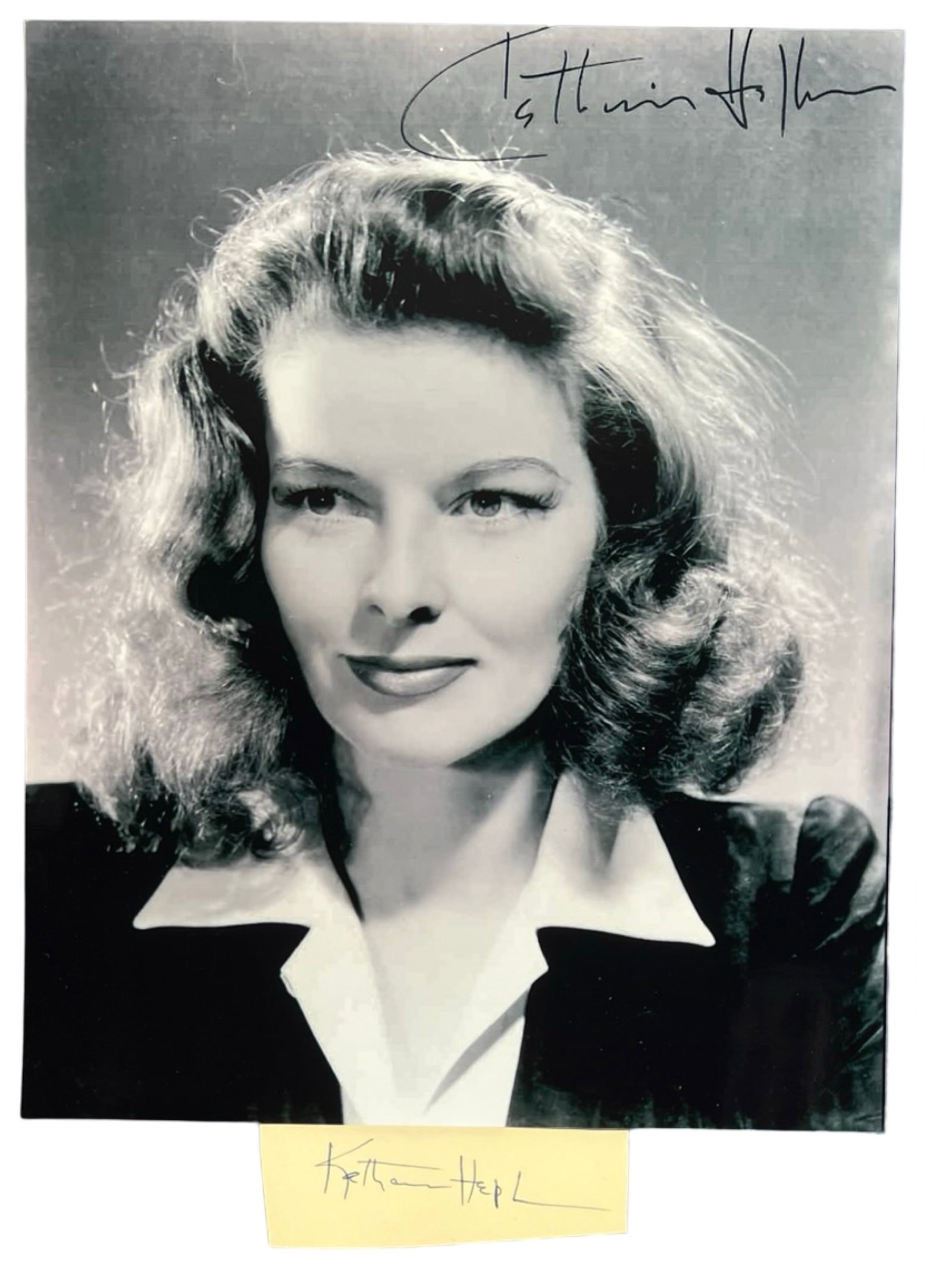 Katherine Hepburn Autograph with Photo: Presenting a remarkable piece of Hollywood history, the Katherine Hepburn Autograph Signature Cut paired with an 8" x 10" Reprint Photograph. This collection captures the elegance and grace of one of 
