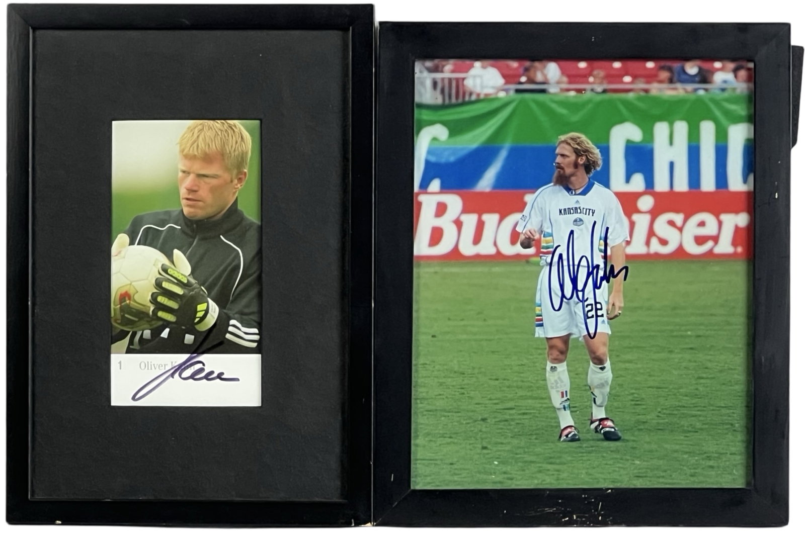 Soccer Legends Signed Photos- Oliver Kahn & Alexi: This lot includes two autographed photographs of soccer icons. The first features Oliver Kahn, the legendary German goalkeeper, with his signature displayed beneath the image. The second showcases Ale