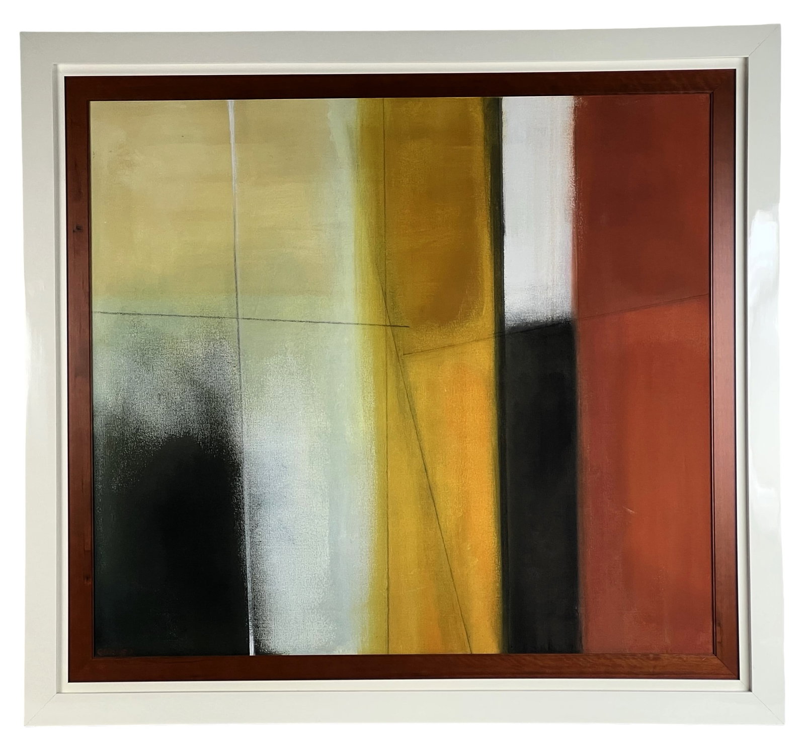 Marvin (Red) Garner Modernist Abstract Painting: A captivating modernist abstract oil painting on canvas by Marvin (Red) Garner. This composition features a harmonious blend of vibrant colors and geometric forms, invoking a sense of balance and move