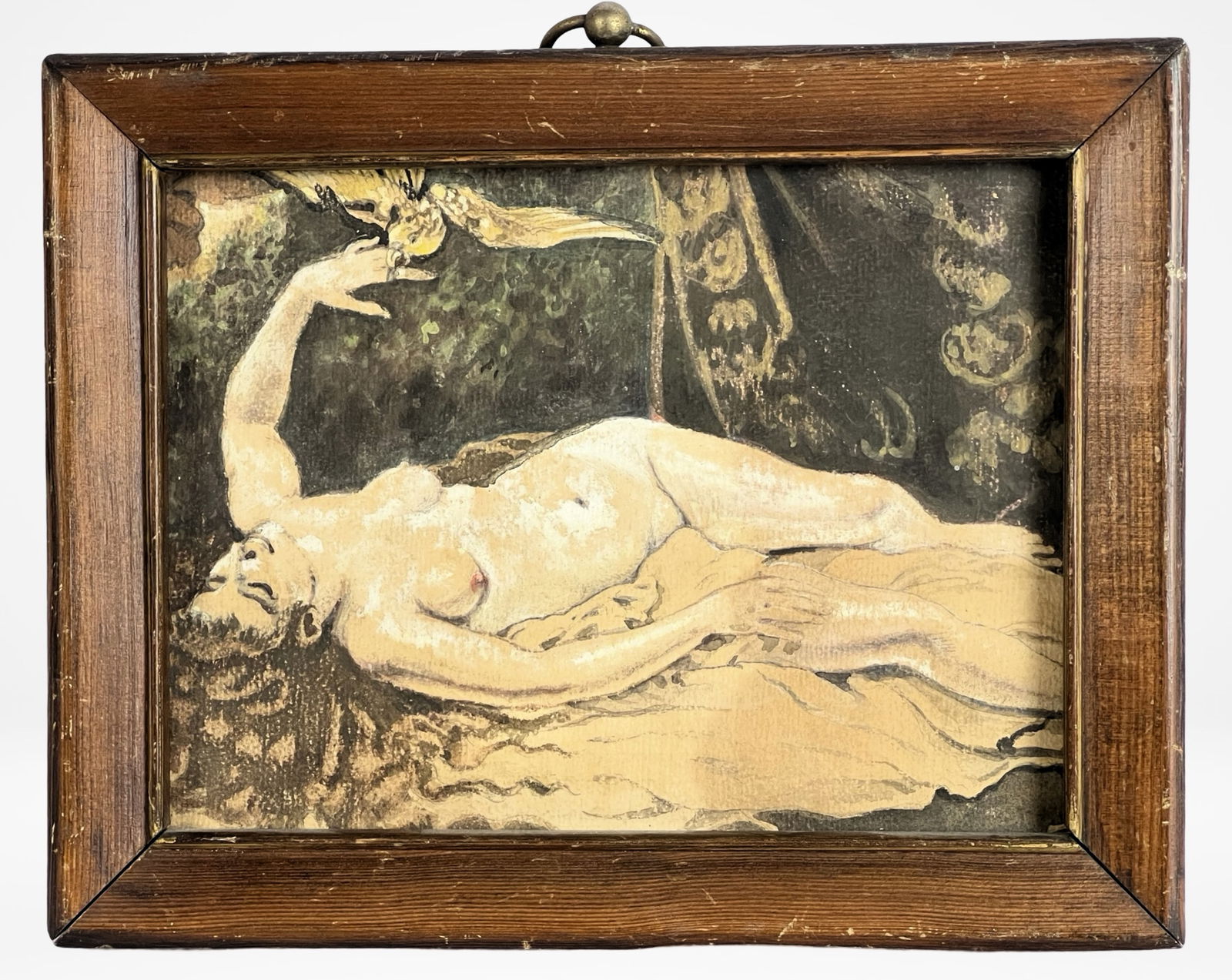 Antique Victorian Watercolor Painting of a Nude: A finely executed Victorian-era watercolor painting depicting a reclining nude woman with an intricately detailed background featuring drapery and a bird. The artwork captures the delicate interplay o