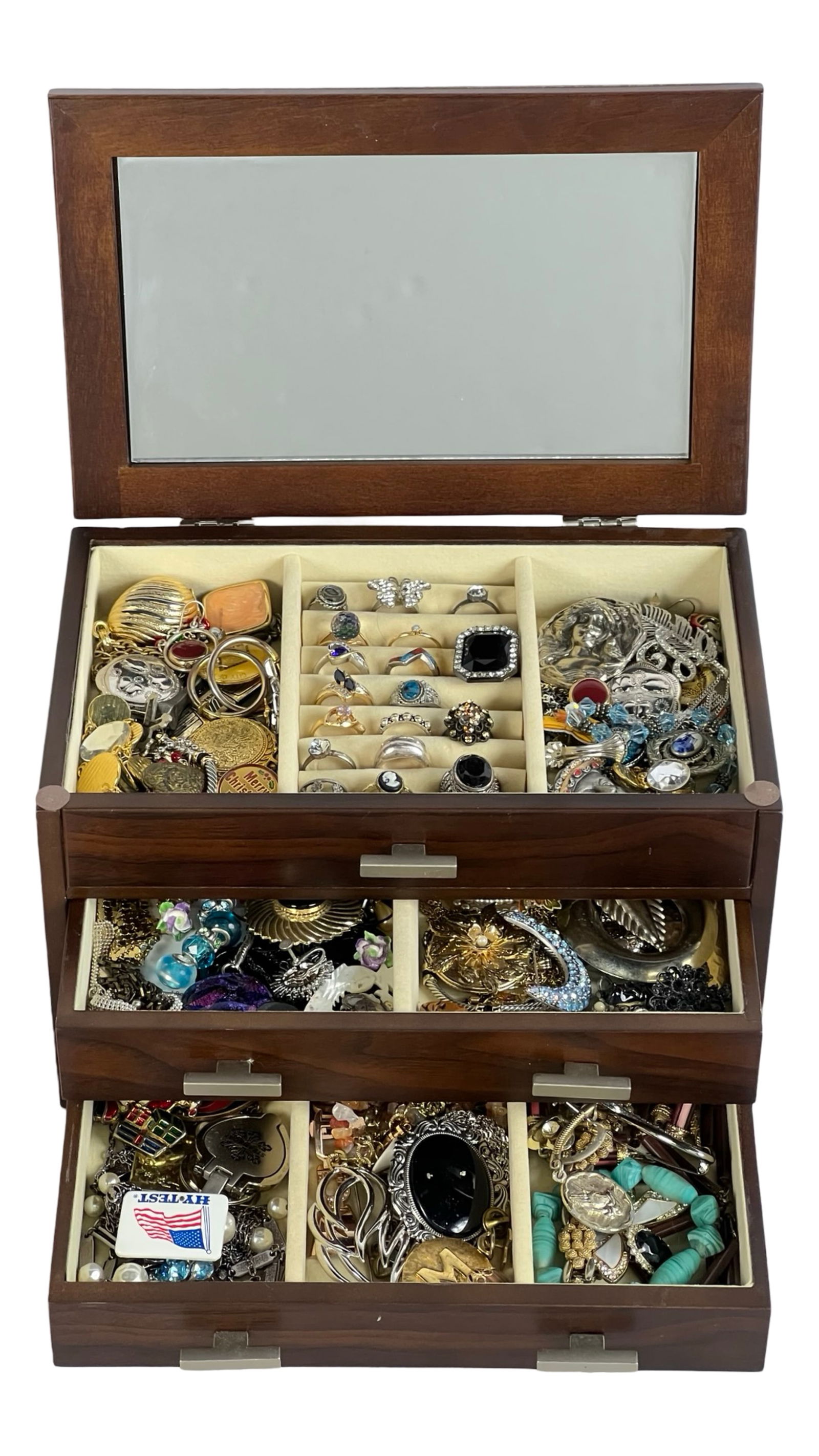 Wooden Jewelry Box Filled with Unsearched Jewelry: This wooden jewelry box features three compartments packed with an assortment of unsearched jewelry treasures. A great find for collectors or anyone seeking hidden gems!Unsearched, some might be as fo