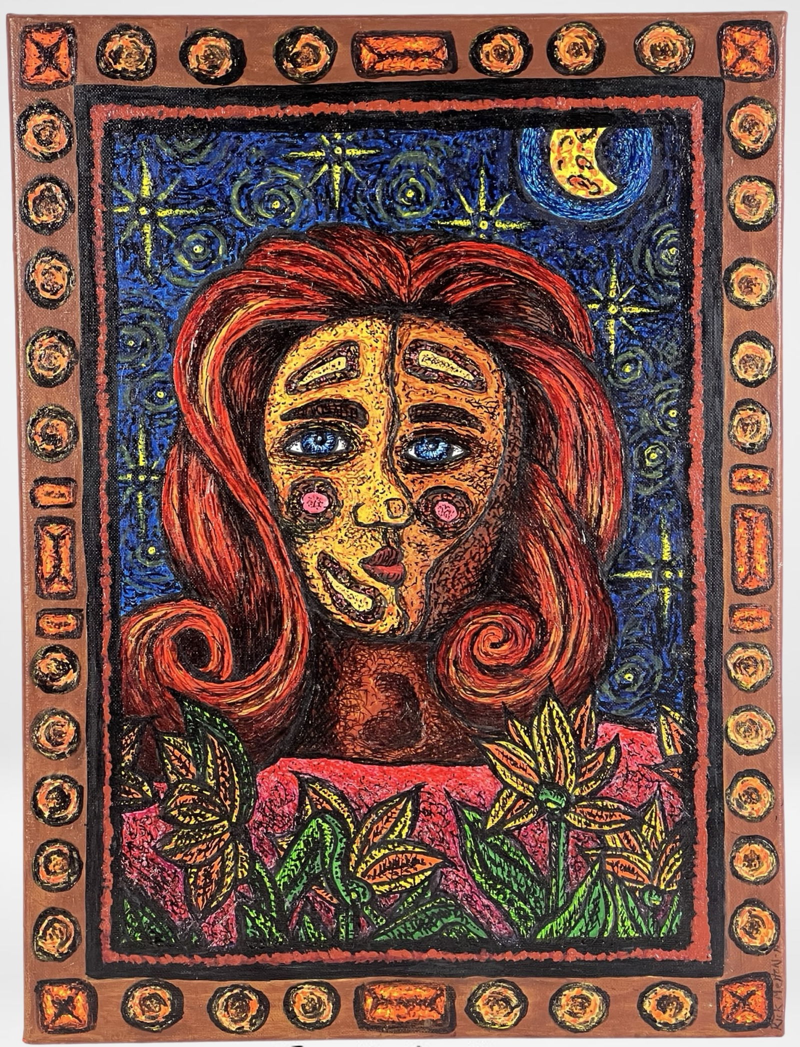 Rick Melton Folk Art Lady Portrait Oil Painting (1 of 3)