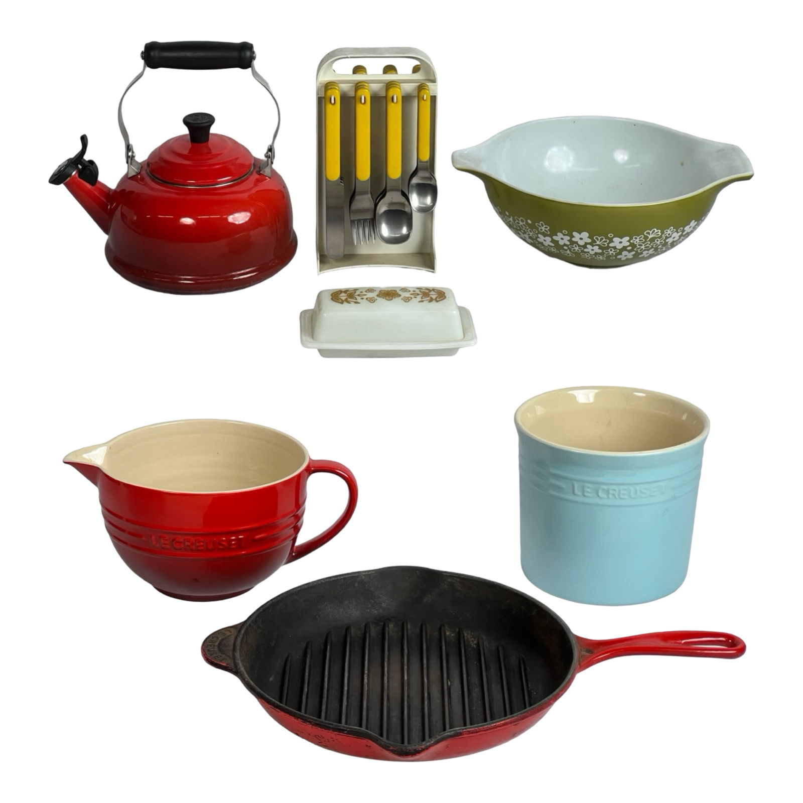 Assorted Kitchenware- Le Creuset, Pyrex, Flatware: A curated collection of premium kitchen essentials and vintage pieces. Includes a Le Creuset red enameled cast iron grill pan, batter bowl, and sky blue utensil crock; a vintage Pyrex 4-quart mixing b
