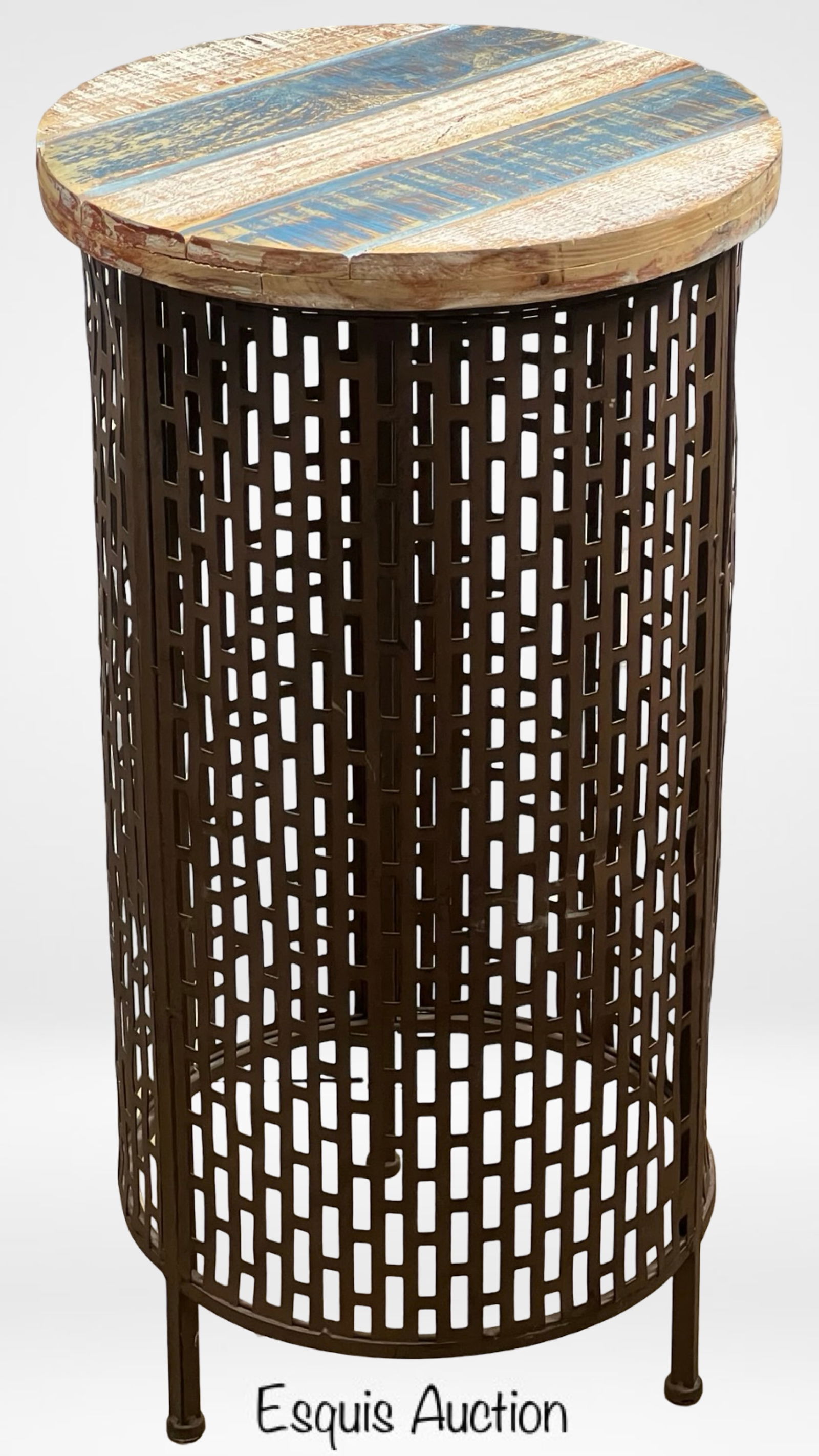 Punched Metal and Reclaimed Wood Round End Table (1 of 3)