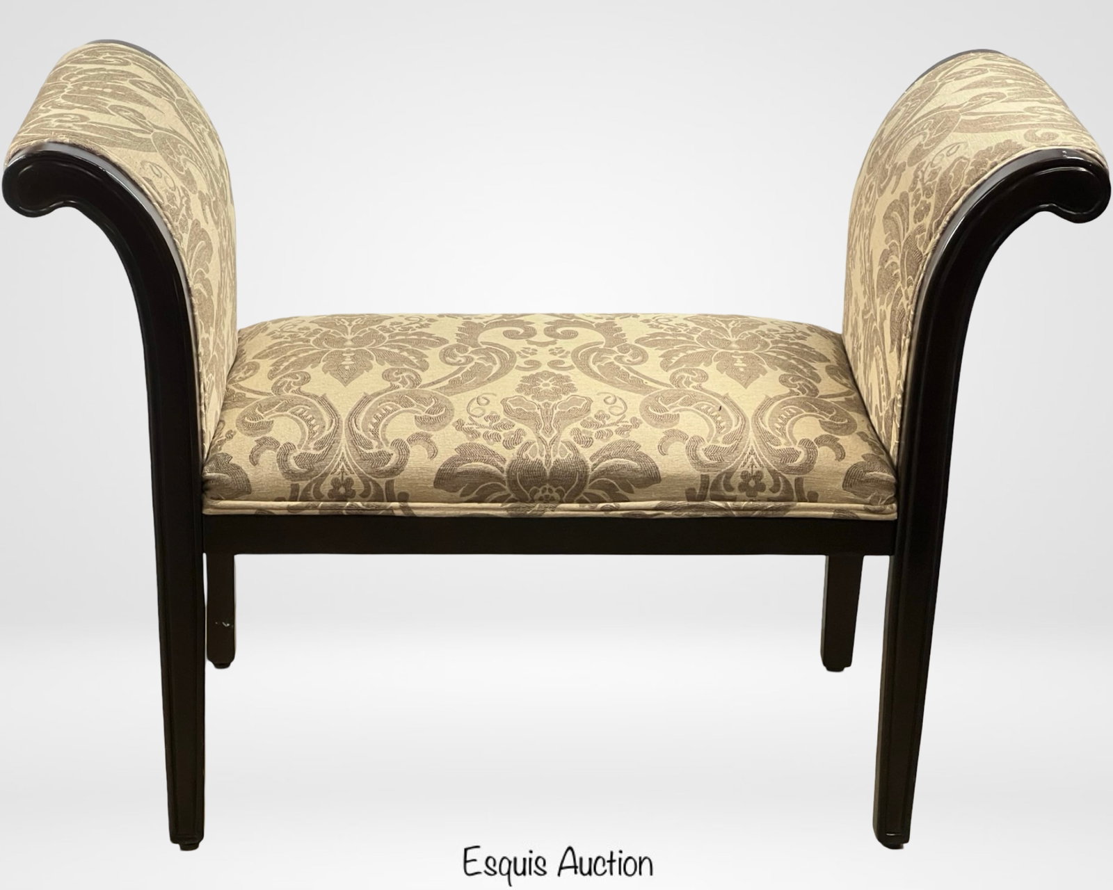 Elegant Upholstered Bench with Rolled Arms: This beautifully crafted bench features a classic upholstered design with rolled arms, offering a sophisticated and timeless aesthetic. The fabric showcases an intricate damask pattern in neutral tone