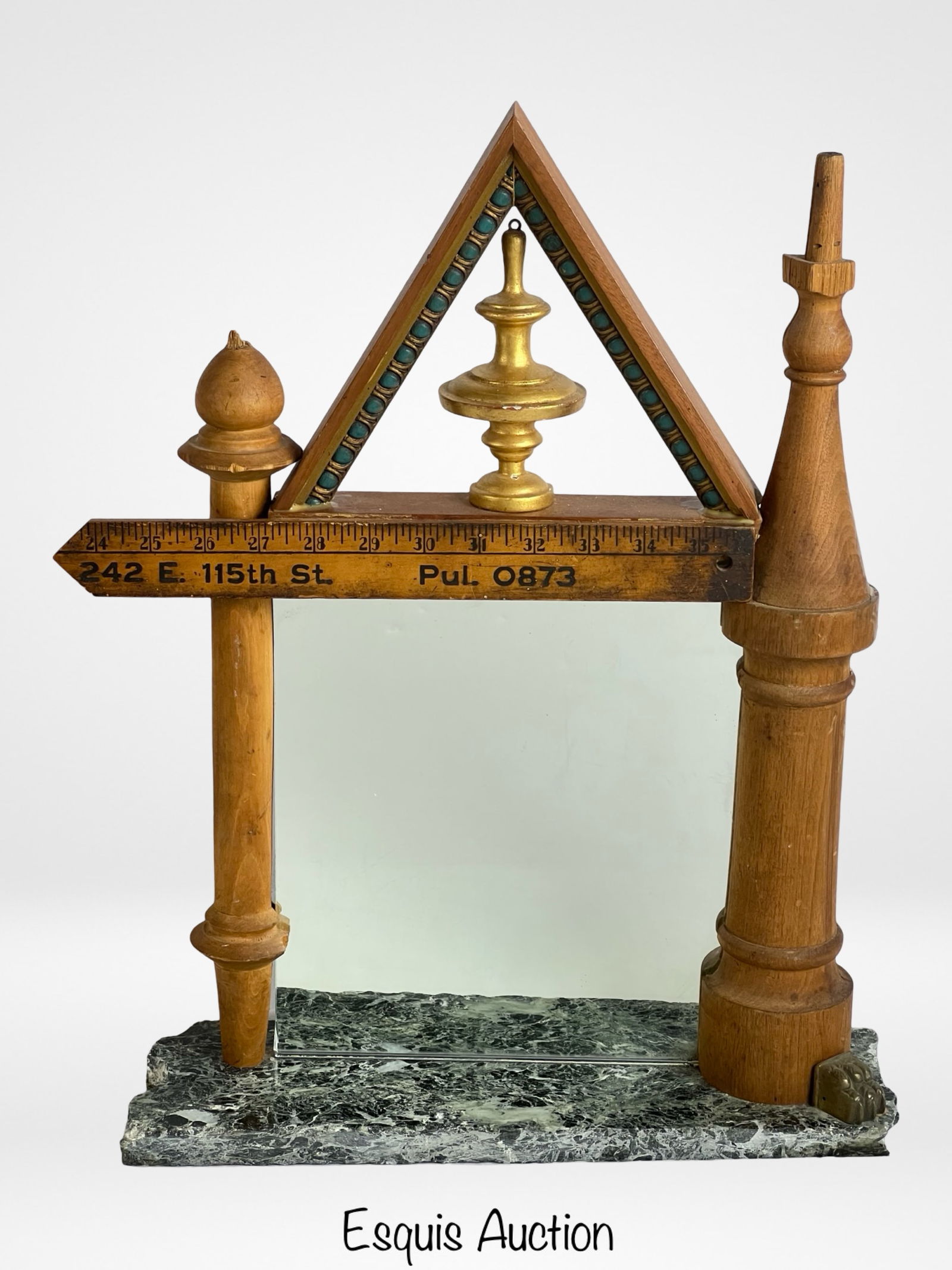 R. Kramer- One-of a kind Unusual Mirror: An exceptional and unusual table mirror created by artist R. Kramer as part of his Resourcefull Series, signed, titled, and dated '92 on the verso of the granite base. This one-of-a-kind piece is a te