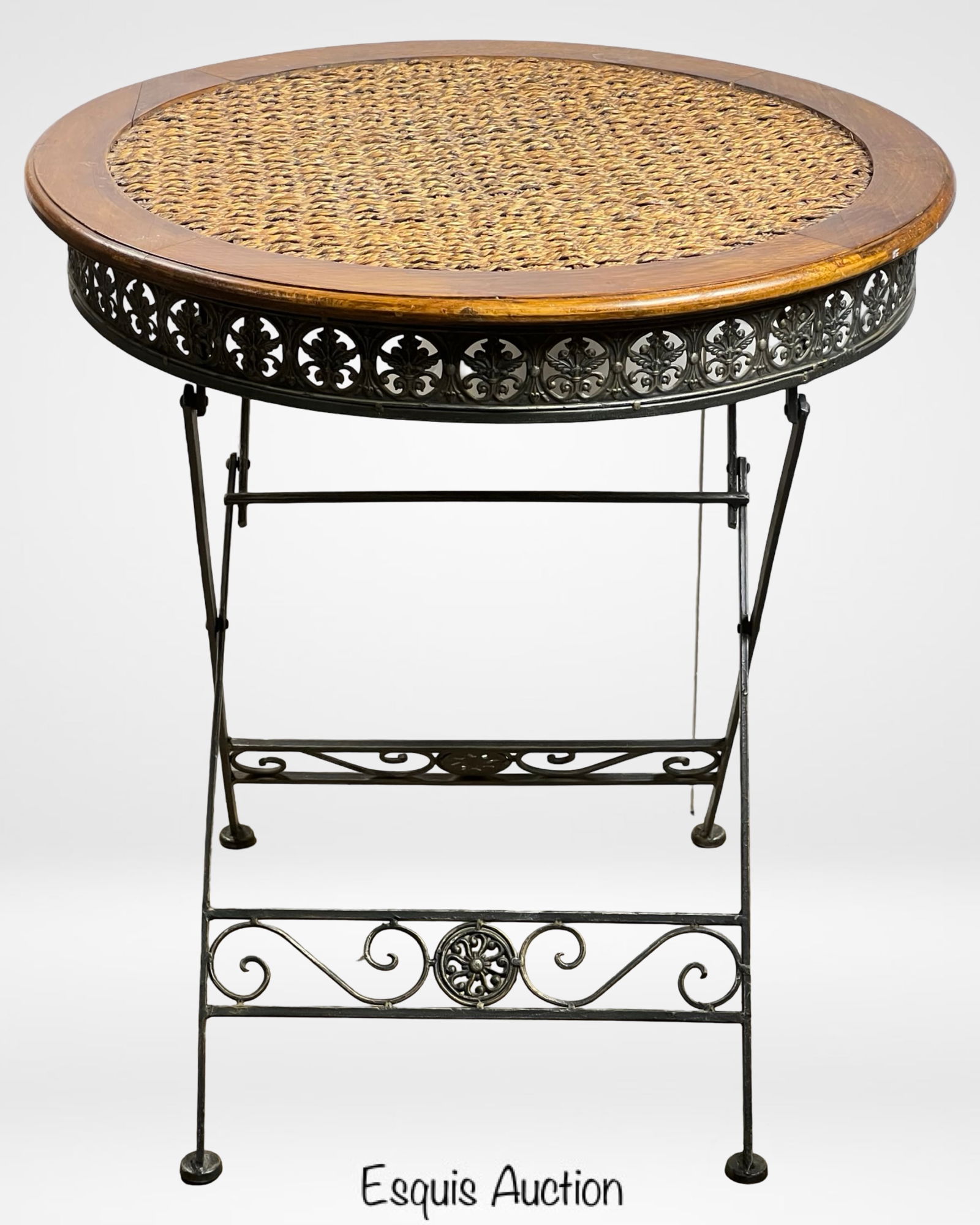 Wicker Top Folding Round Table w/ Ornate Iron Base (1 of 4)