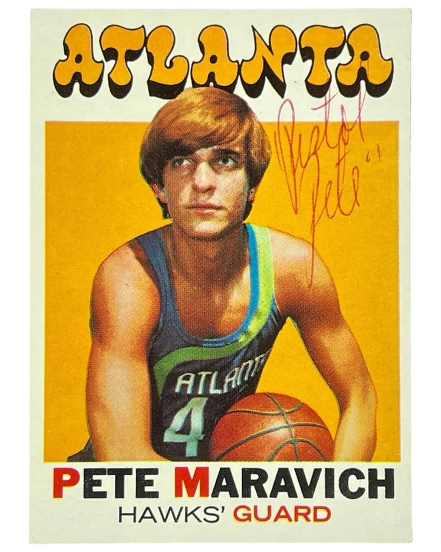 Pete Maravich Signed 71-72 Topps Basketball Card: A vintage basketball card signed by Hall of Famer Pete Maravich, also known as "Pistol Pete," during his time with the Atlanta Hawks. A rare collectible showcasing the legendary guard's signature. A v