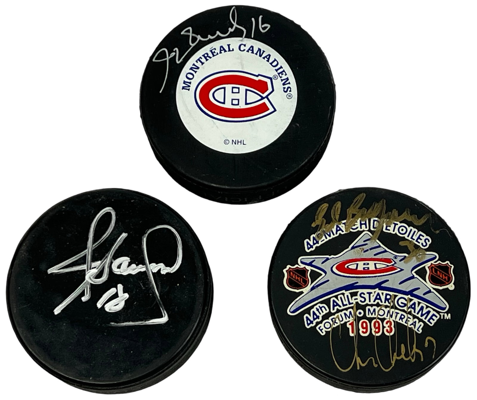 3 Autographed Hockey Pucks - Denis Savard, Chelios: This lot includes three autographed hockey pucks signed by legendary NHL players: Denis Savard - Hall of Fame forward known for his time with the Chicago Blackhawks, famous for his dazzling offensive 