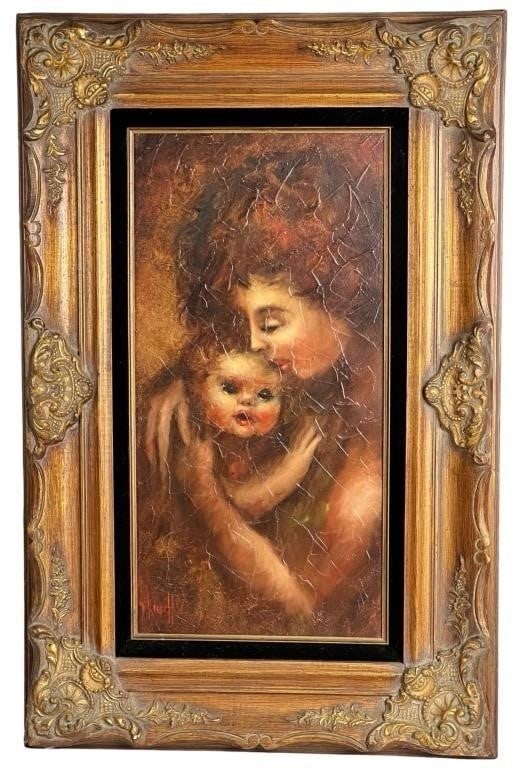 Frederick Dwight Kirsch- Mother & Child Painting: This captivating modernist painting by Frederick Dwight Kirsch Jr. depicts an intimate scene of a mother holding and embracing her child. The soft, ethereal brushstrokes combined with the rich color p