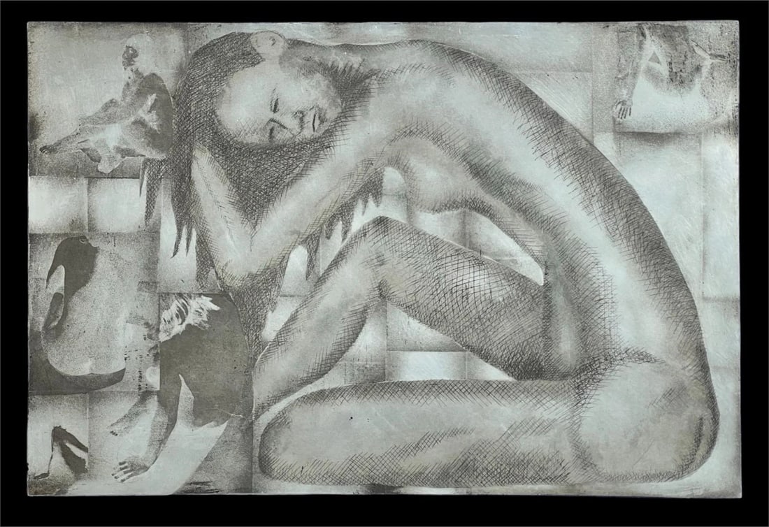 Reclining Nude Study Etching on Metal: This unsigned etching on metal portrays a contemplative nude figure in a seated, introspective pose. The artist has employed cross-hatching and shading techniques to bring depth and emotion to the com