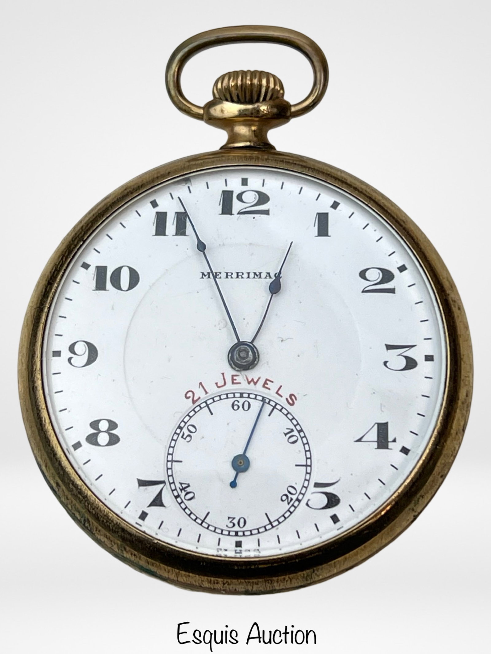Antique Merrimac 21 Jewels GF Pocket Watch: Antique Swiss Made Merrimac 21 Jewels Pocket Watch in Gold Filled Case. Good overall condition, normal age related wear. Non-running.