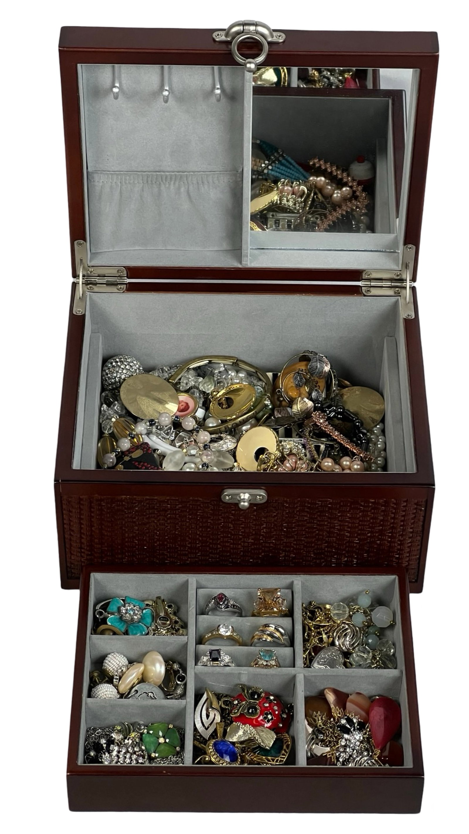 Vintage Jewelry Box full of Costume Jewelry: Vintage box filled with unsearched jewelry is like opening a treasure chest of hidden gems. Each piece has its own story and character, waiting to be discovered. Whether you're a collector, a jewelry 