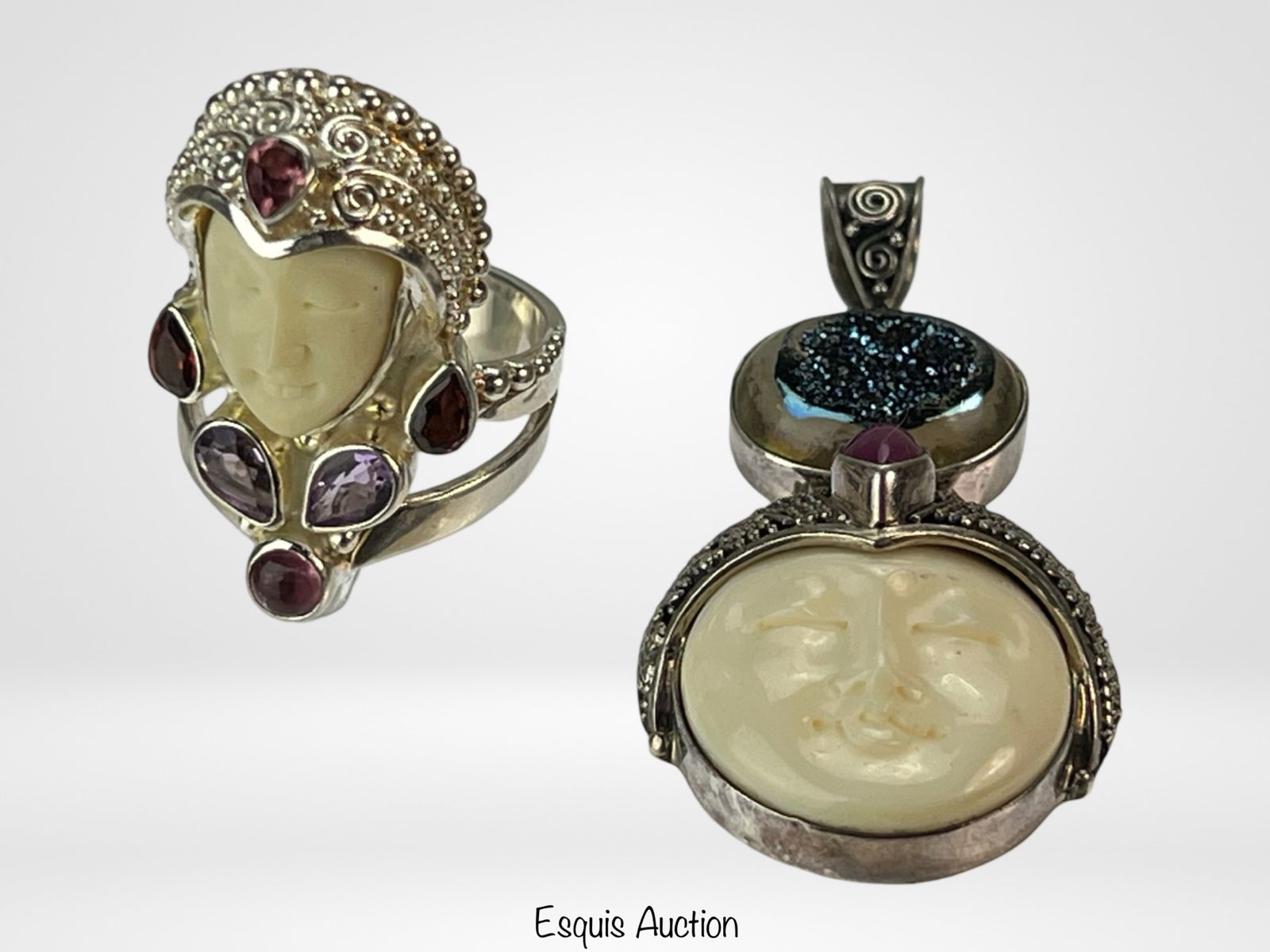 Sajen Sterling Silver Carved Face Pendant & Ring (1 of 6)