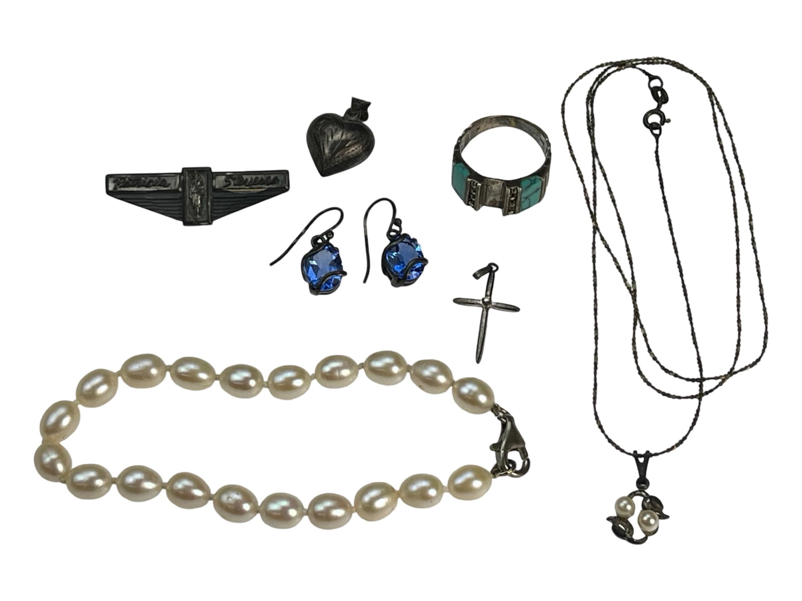 Sterling Silver Jewelry- Pearl Bracelet, Ring: Sterling Silver Jewelry including Pearl Bracelet, Cross, Necklace with Pendant, Earrings, Heart Pendant, Pin. Necklace is 23" long, Bracelet is 8", Ring Size- 8. Ring is missing central stone.