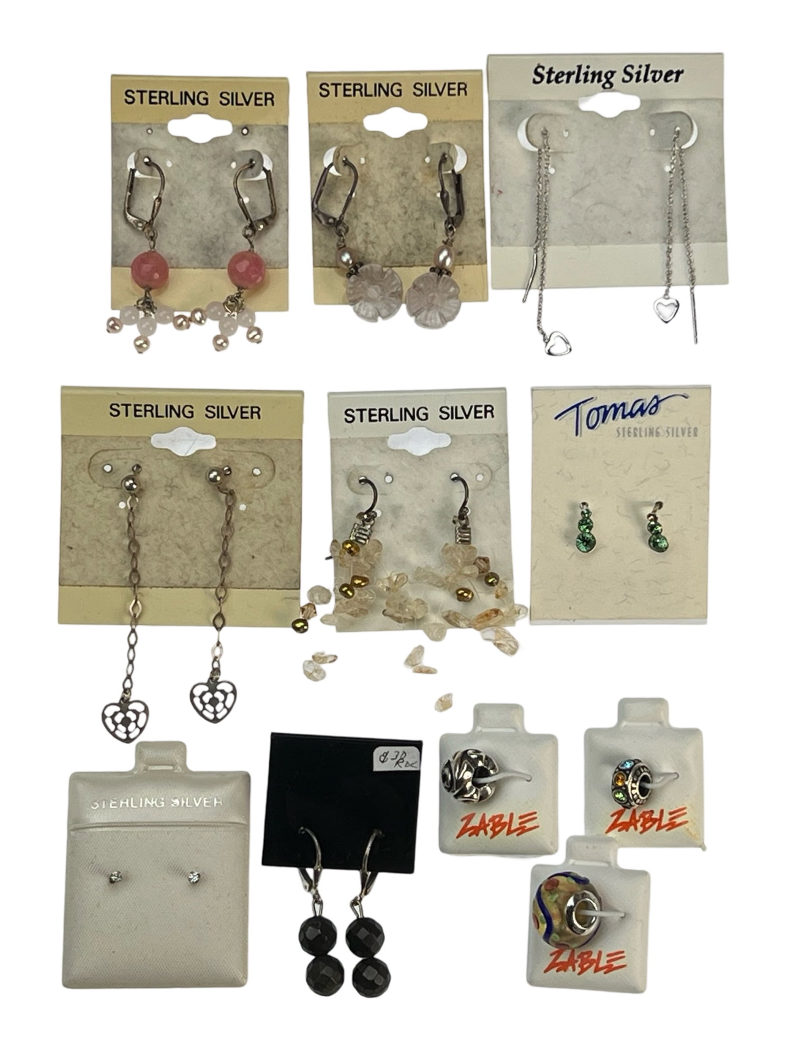 Sterling Silver Earrings Assortment & Bead Charms: Assortment of Sterling Silver Earrings and group of Zable Sterling & Art Glass Charms. All mint.