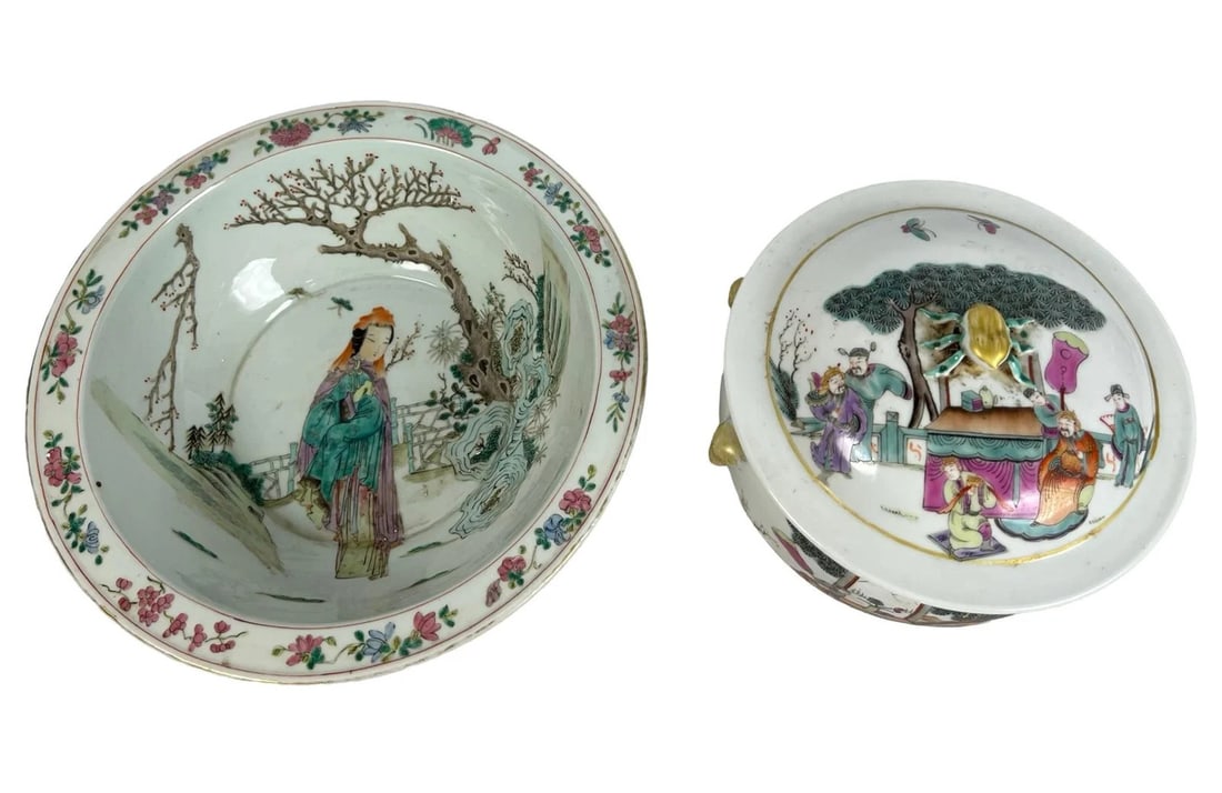 Qing Dynasty Famille Rose Porcelain Pot & Bowl: This exquisite set includes a beautifully hand-painted Famille Rose covered pot and serving bowl from the late Qing Dynasty. The pieces are adorned with vibrant depictions of figures, floral motifs, a
