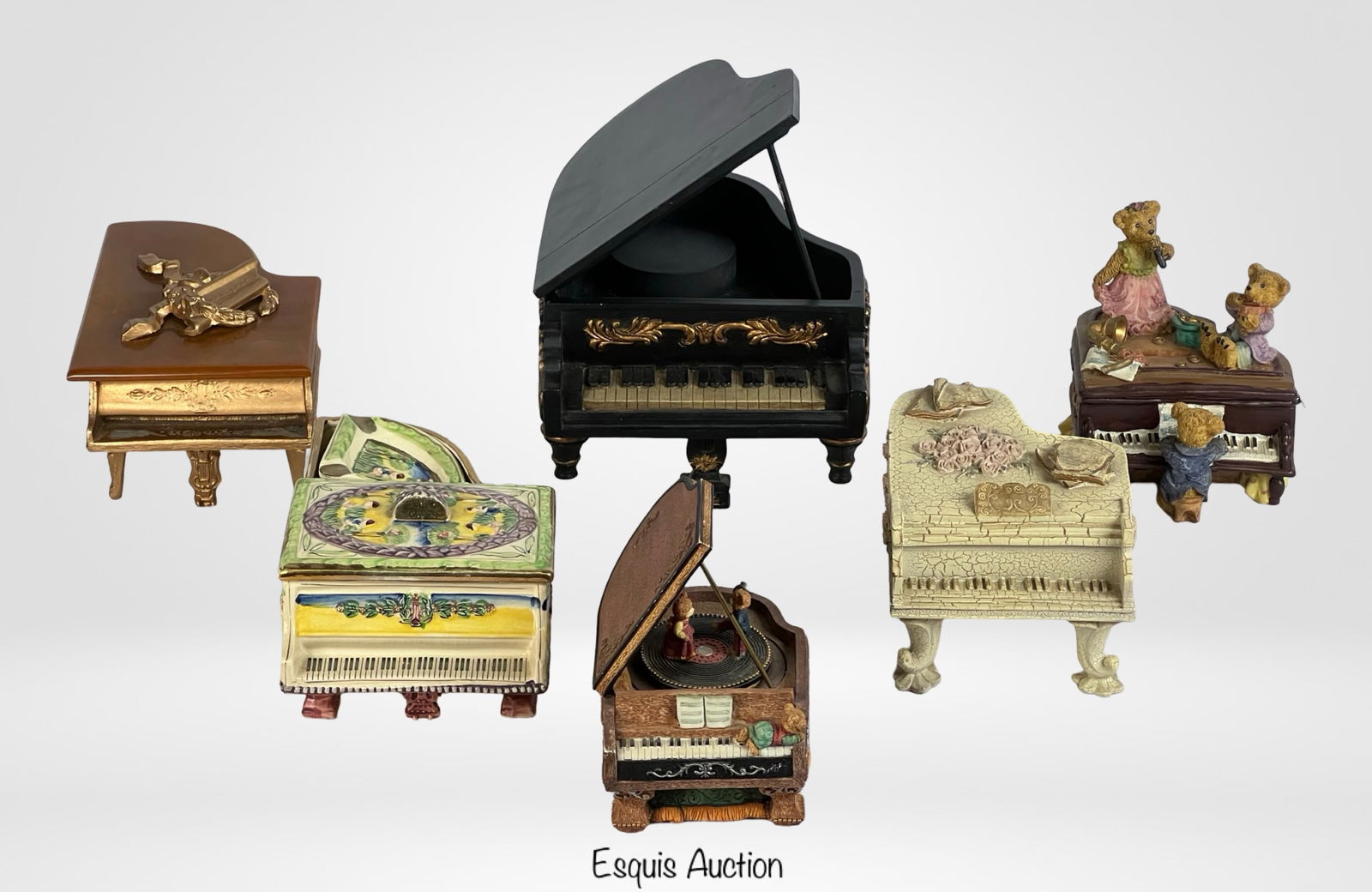 Collection of Pian Trinket, Jewelry & Music Boxes: Delight in this charming assortment of piano-themed trinket, jewelry, and music boxes, each uniquely designed to capture the elegance of grand pianos. This collection features a variety of materials,