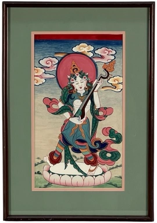 Tibetan Buddhism Tara Watercolor Thangka Painting: Presented is a captivating Tibetan watercolorThangka painting featuring Goddess Tara.." This beautifully rendered artwork measures 22" x 15" framed. The painting showcases Tara, a revered figure in Ti