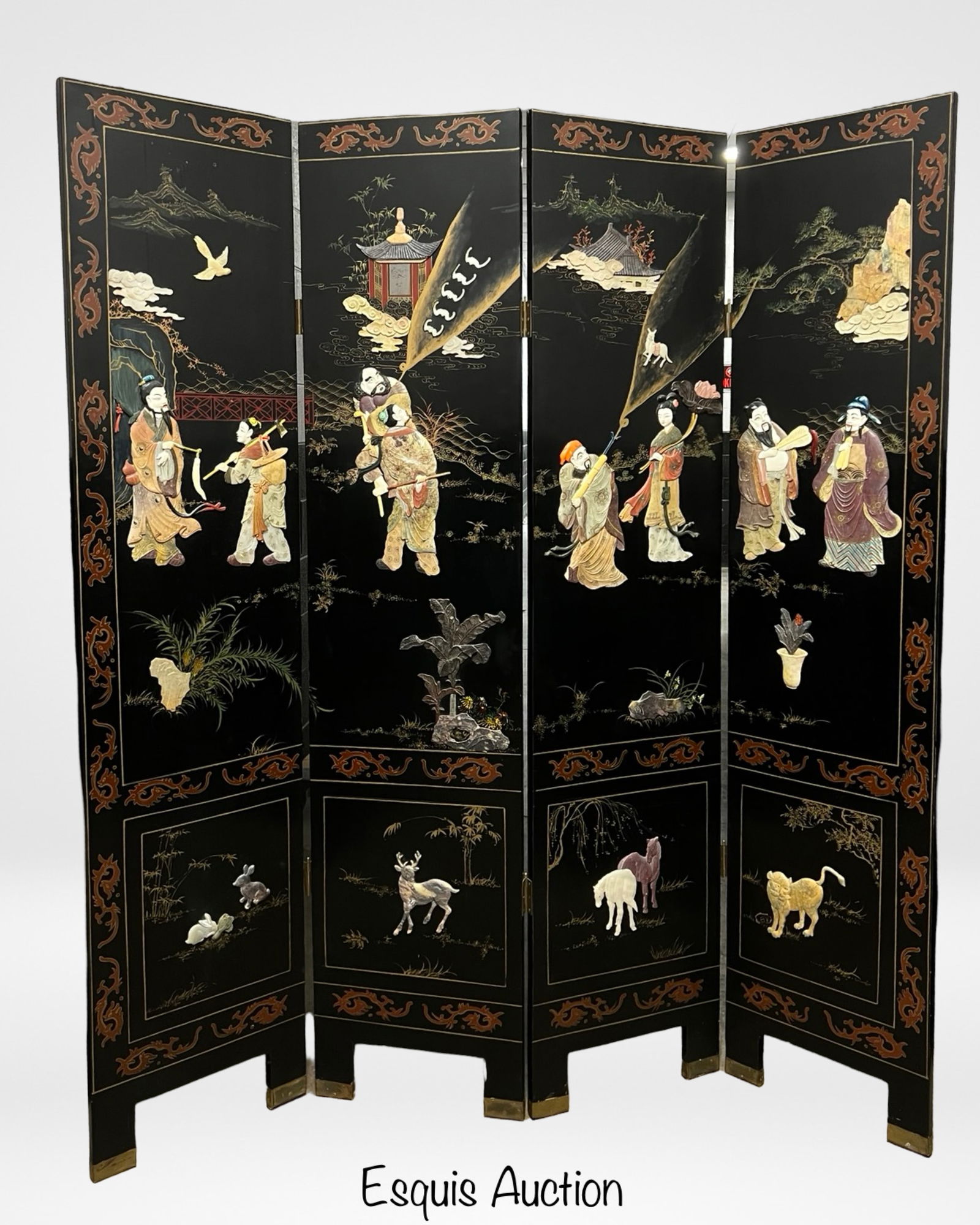 Asian Black Lacquer Four-Panel Screen Hardstone I (1 of 10)