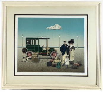 Jan Balet - "Fancy People" LE Signed Lithograph: A charming and whimsical limited edition color lithograph by Jan Balet, titled "Fancy People." The piece depicts an elegantly dressed family arriving with their luggage, set against a scenic seaside p