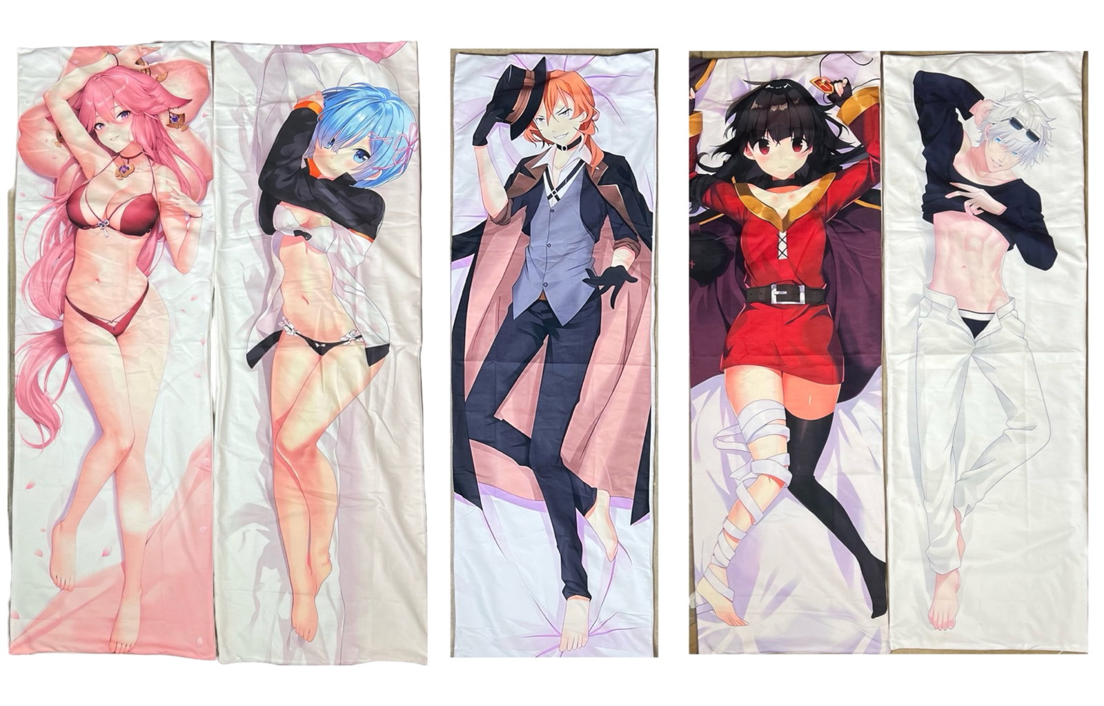 Lot of 5 Anime Dakimakura Sexy Body Pillow Cases: This lot includes five anime dakimakura (body pillow) cases featuring vibrant, high-quality artwork of popular anime characters in alluring poses. Each case measures approximately 59" x 19". Mint Cond