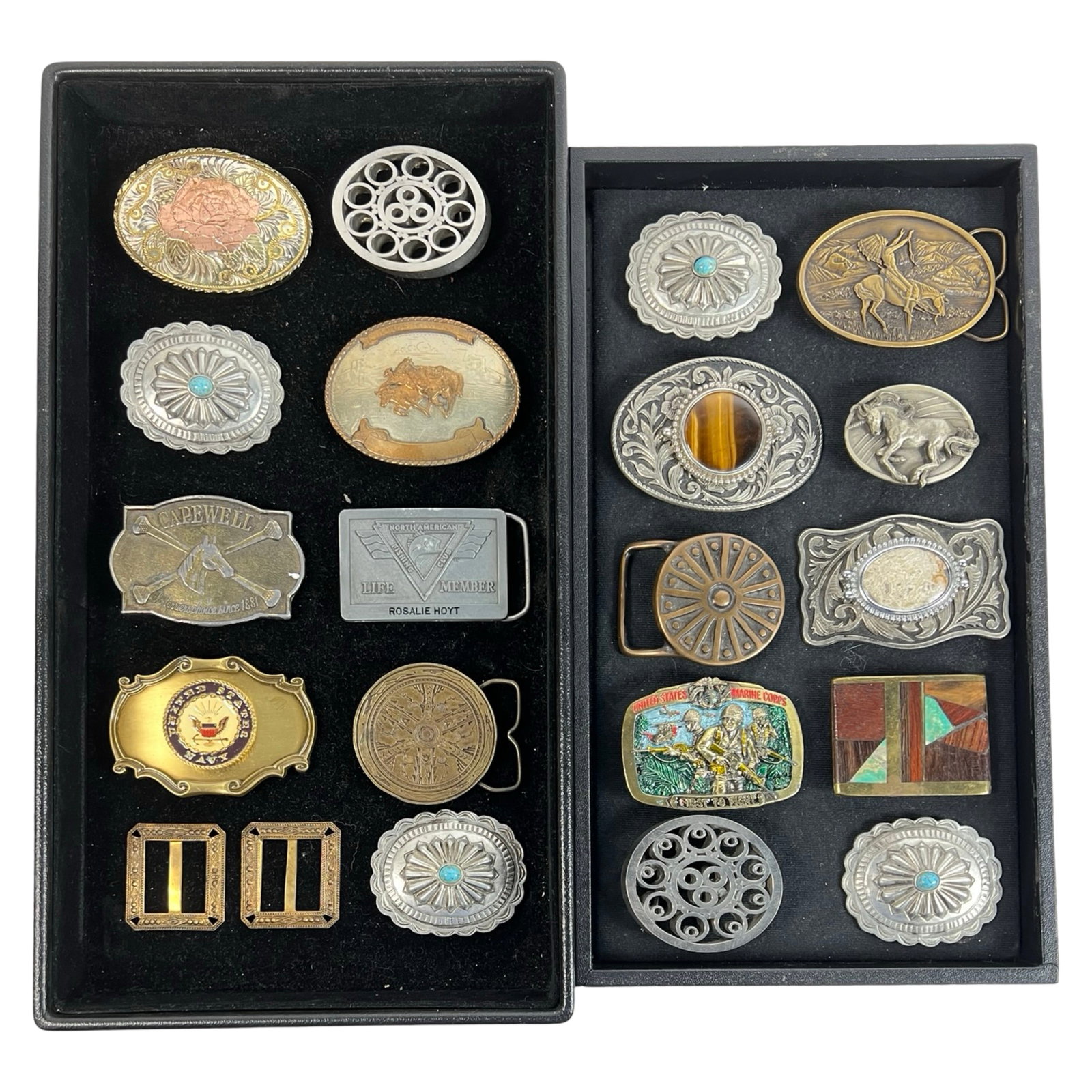 Collection of Vintage Belt Buckles: Diverse assortment of vintage and western-style belt buckles, featuring intricate designs, metalwork, and unique embellishments.