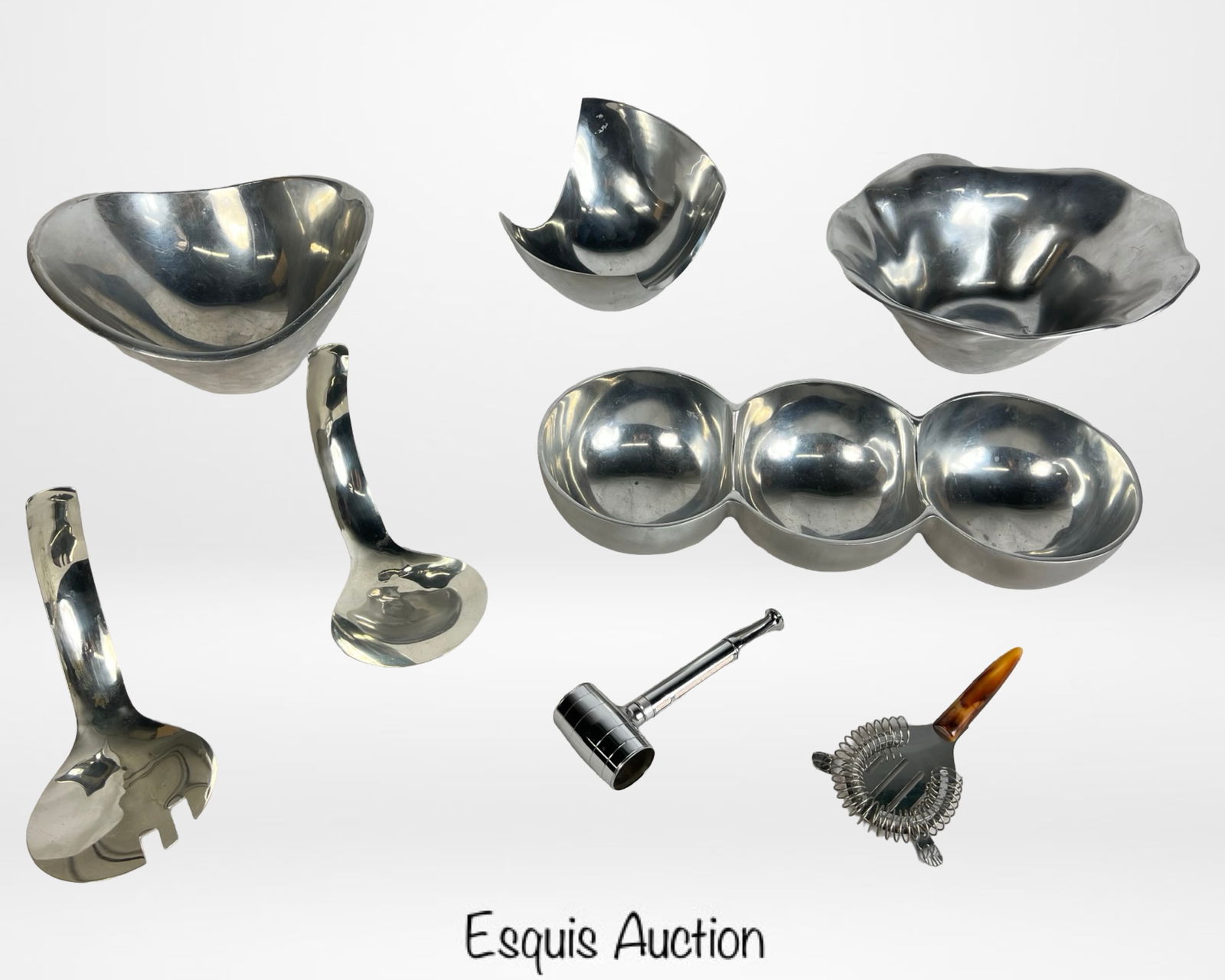 Nambe & Modern Aluminum Serveware & Barware: A stylish assortment of aluminum serveware and bar accessories, including a Nambe triple-section bowl (16" x 6" x 3"), a large organic-form bowl (12" x 10" x 4"), and other sculptural serving bowls. A