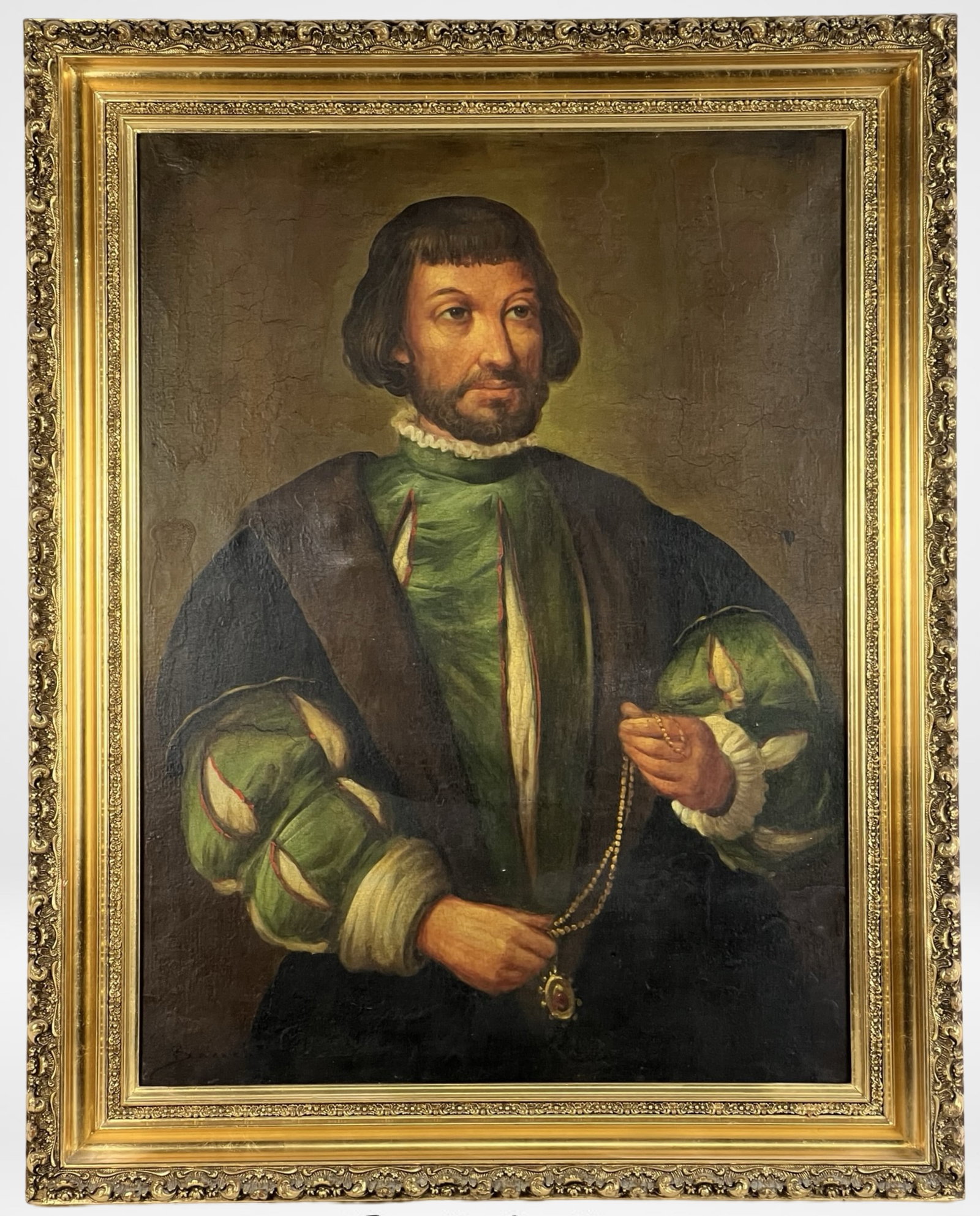 Renaissance Nobleman Portrait: Canvas painting depicting a Renaissance nobleman, dressed in a green doublet with elaborate slashed sleeves and a dark cloak. He holds a gold chain with a pendant, symbolizing status and wealth. The s